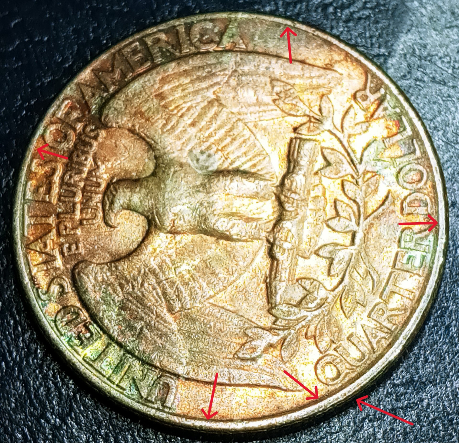 1990 D Washington Quarter Toning Both Sides Missing Clading Green Most Copper