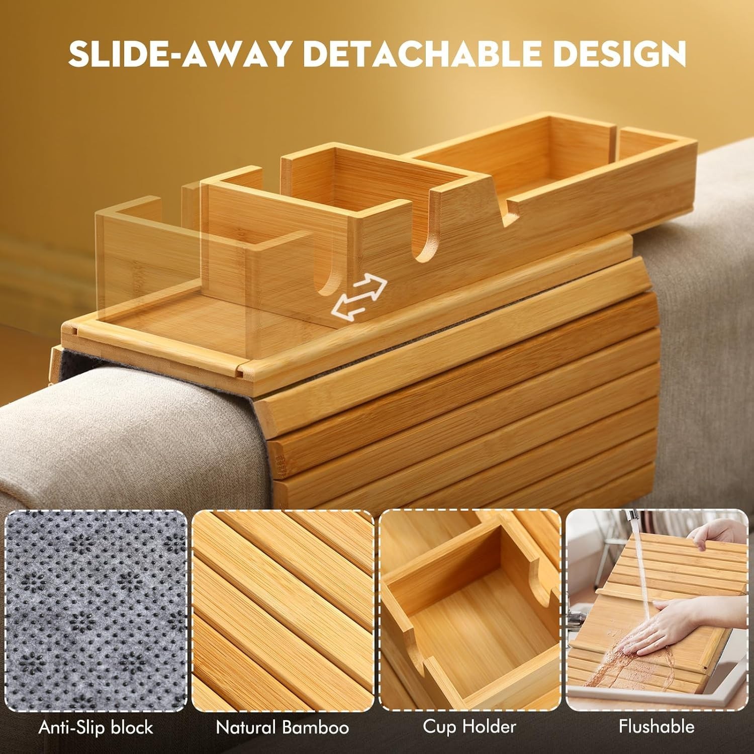 Bamboo Couch Arm Tray W/ Detachable Cup Holder 2 in 1 Foldable Anti-Falling