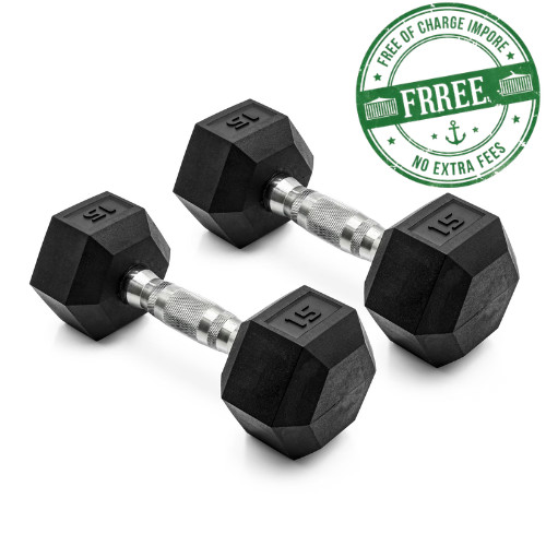 CAP Barbell, 15lb Coated Rubber Hex Dumbbell, Pair No-Roll Design, Steel Handle