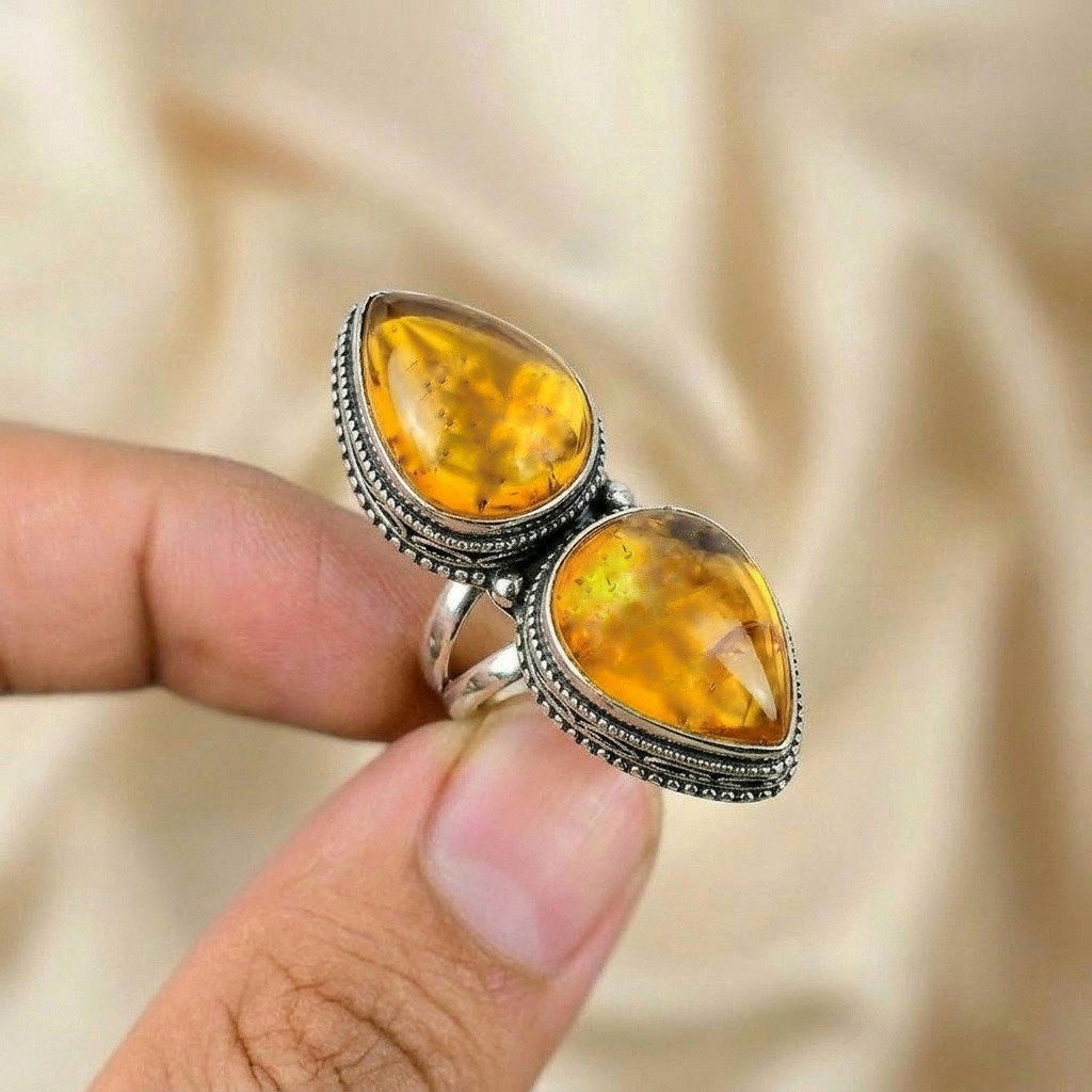 925 Sterling Silver Ring Amber Gemstone Ring Silver Statement Ring