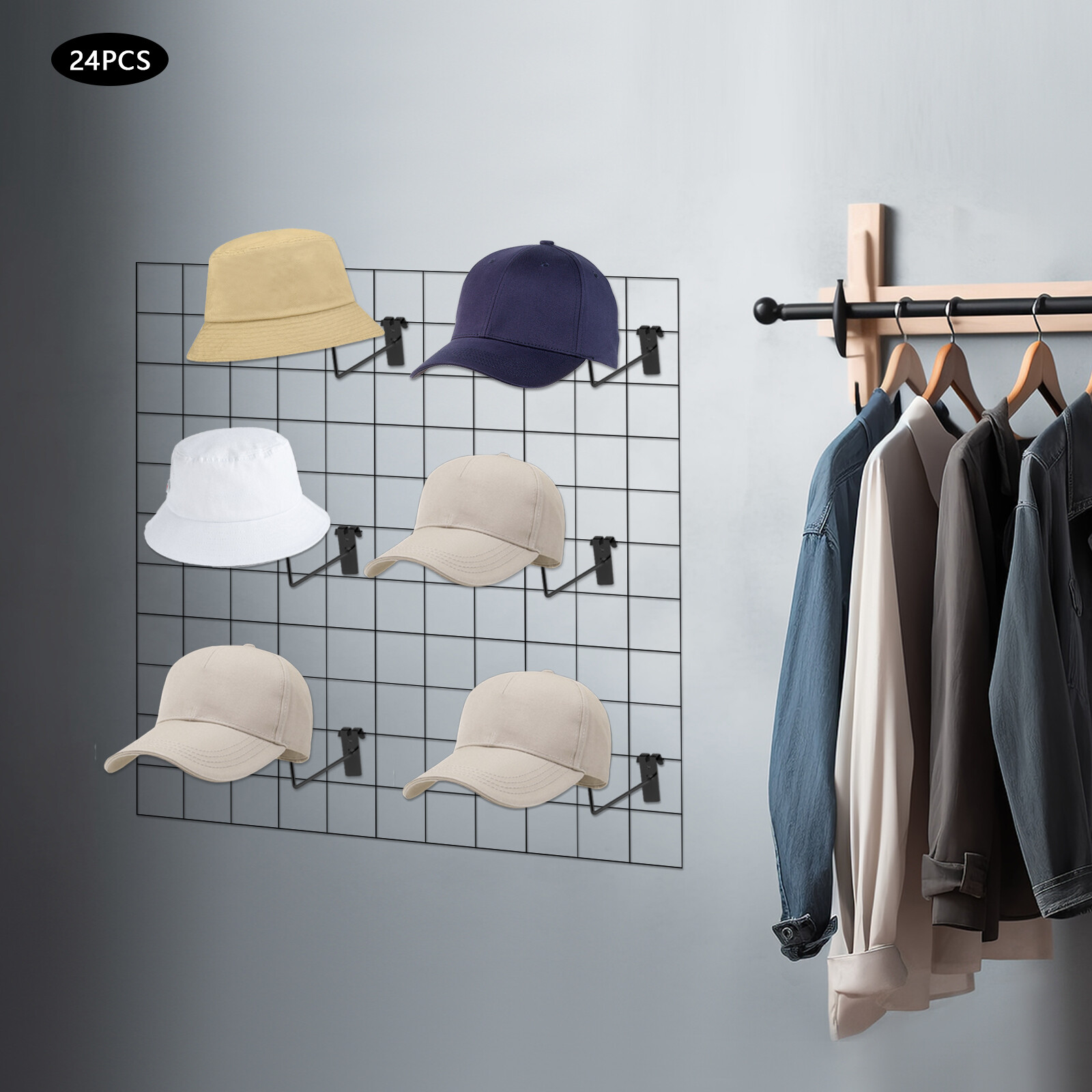 24 Hat Racks Hat Hanger Gridwall Hooks, Slat Panels Cap Rack for Retail Display