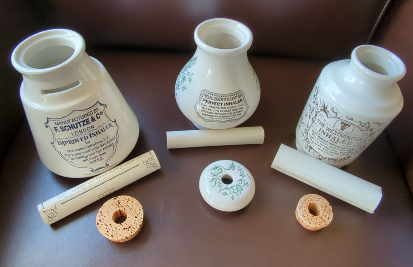 Vintage Lilly Pharmacy Inhaler replicas: F Schutze, Gilbertsons, The Westminster