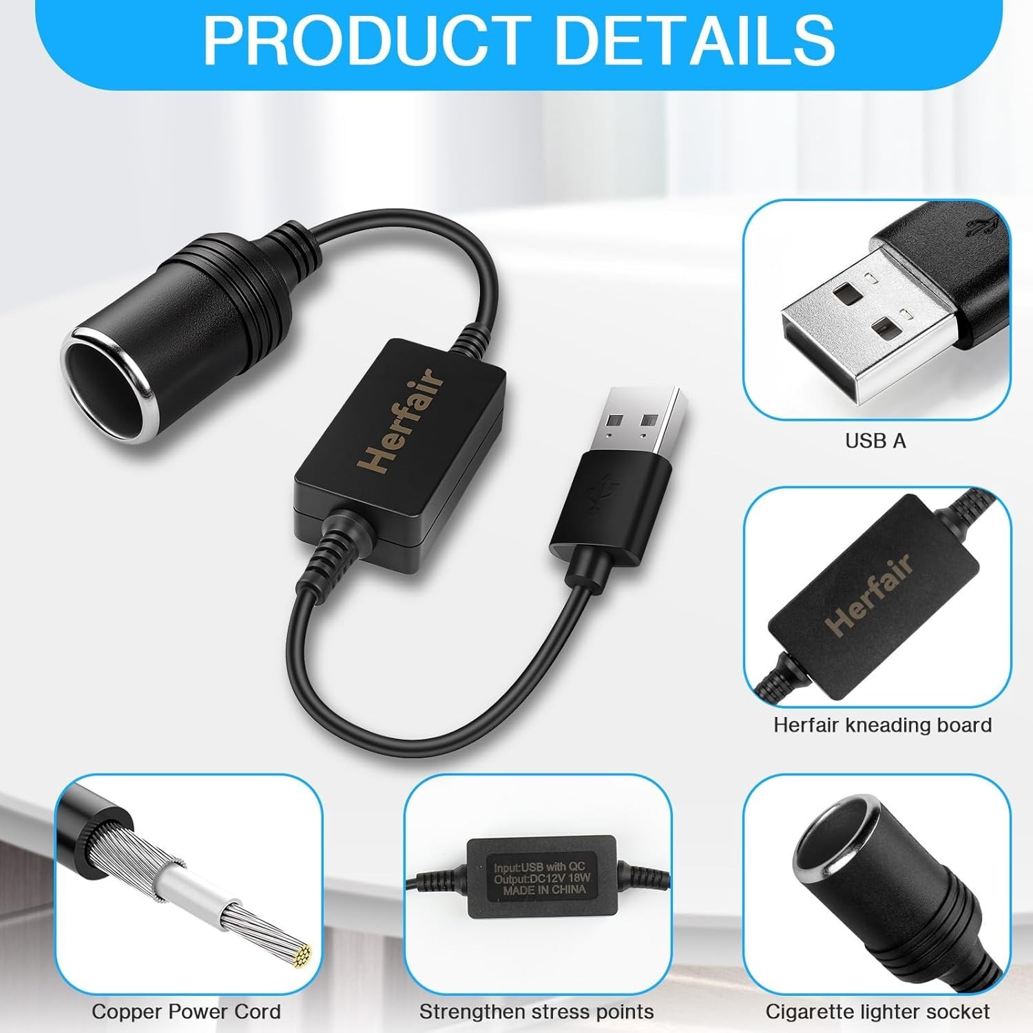 Durable USB A to 12V Lighter Socket Adapter - Fast Charging for Car Electronics