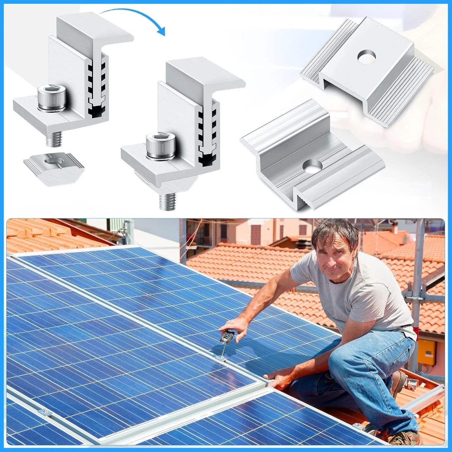 28-Piece Aluminum Solar Panel Clamp Set with Adjustable Mounting Brackets