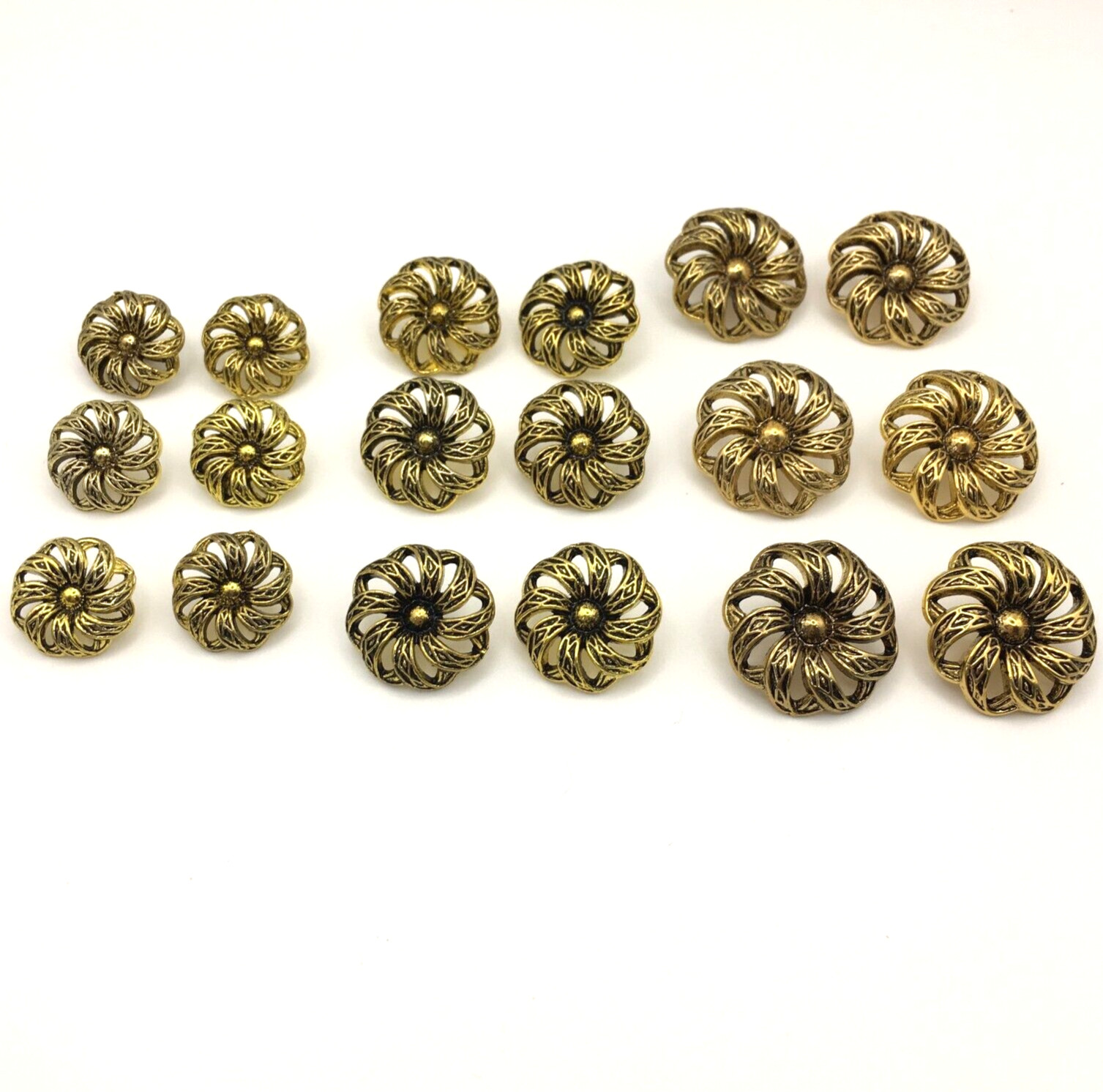 Shank craft buttons, gold-tone flower, 3 sets of 6 each, floral, 3 sizes