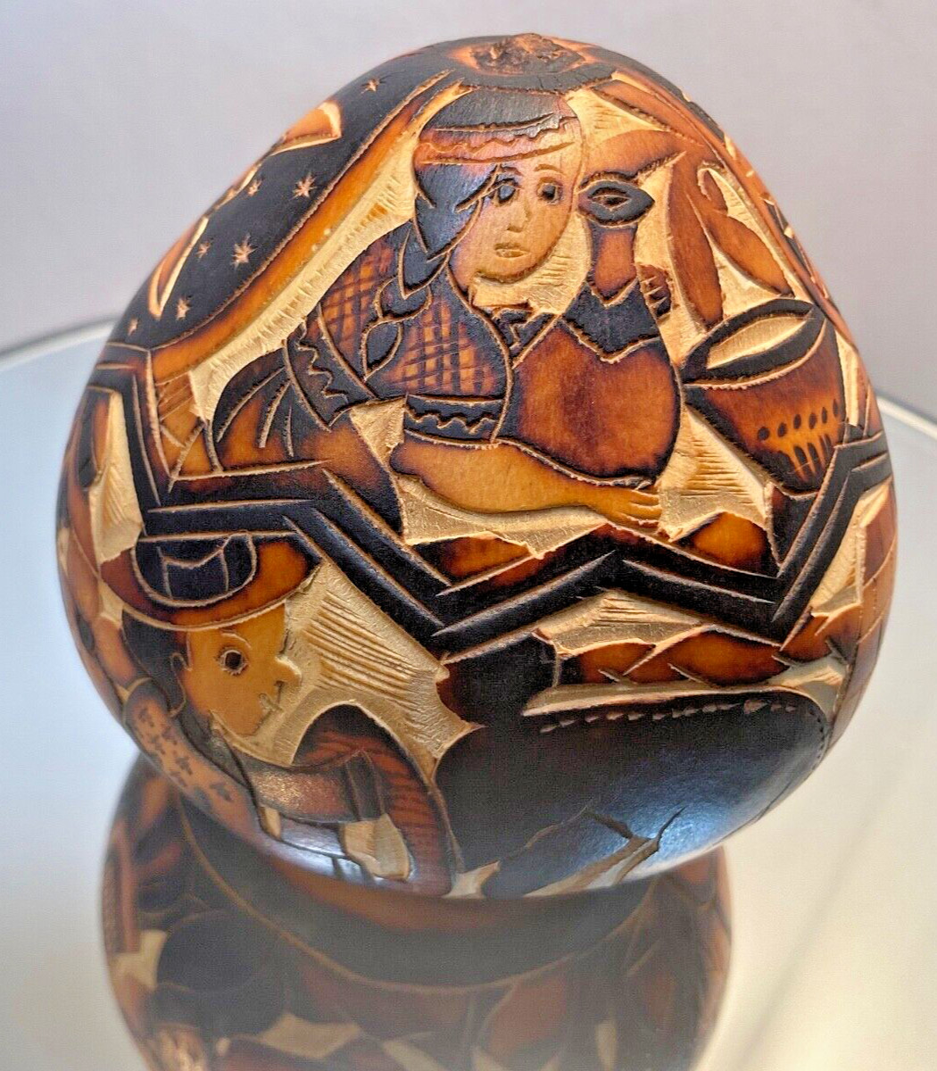Vintage Peruvian Hand Carved Music Gourd Folk Art Gourd Peru Life Culture