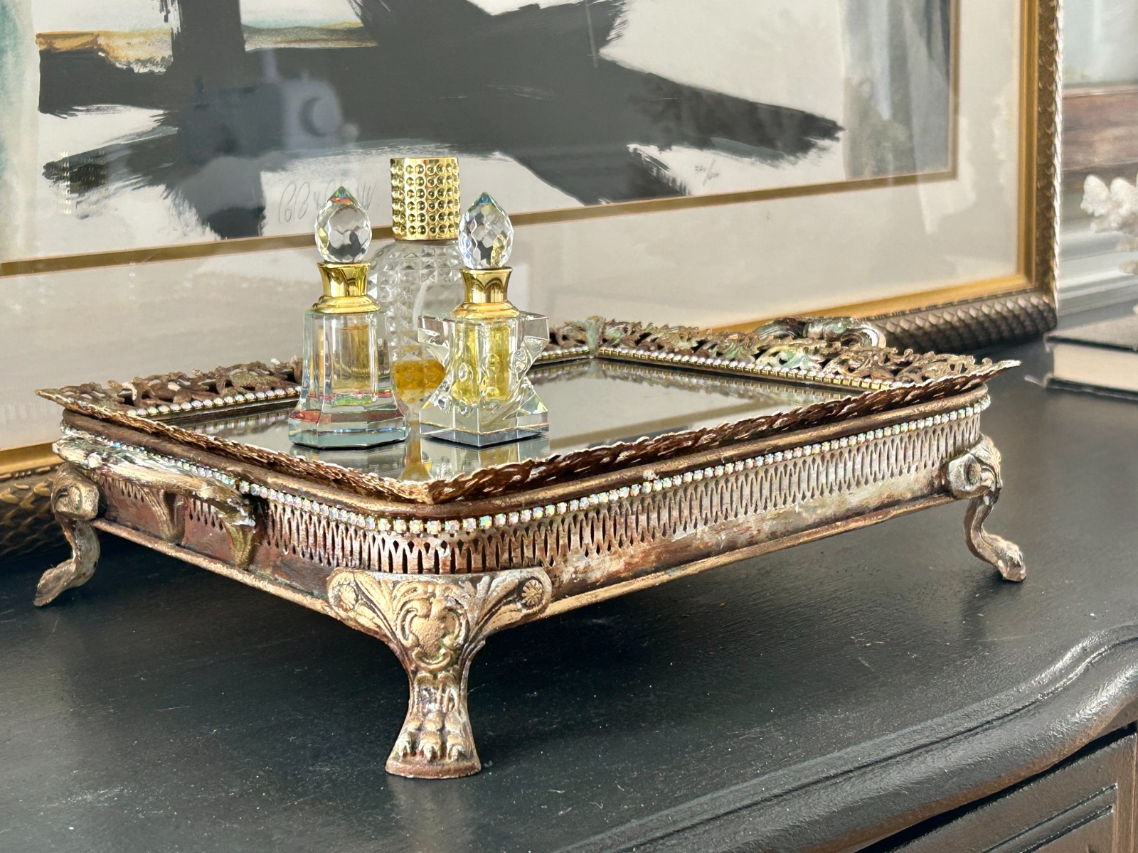 Upcycled Vintage Brass Filigree  Mirror Vanity Tray - Hand painted rustic patina