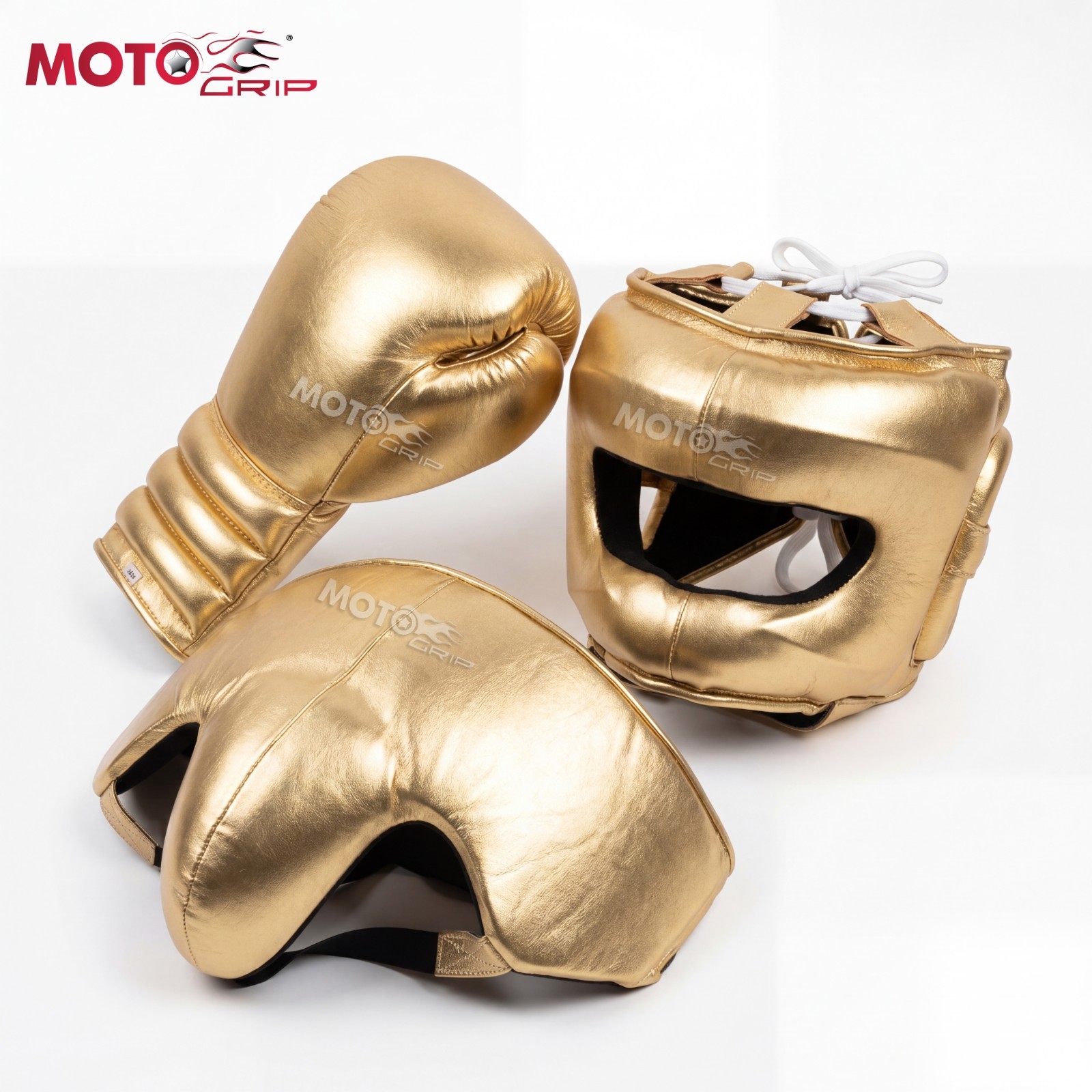 MOTOGRIP Gold Leather Boxing Sparring Set Gloves Head Guard Groin Protector