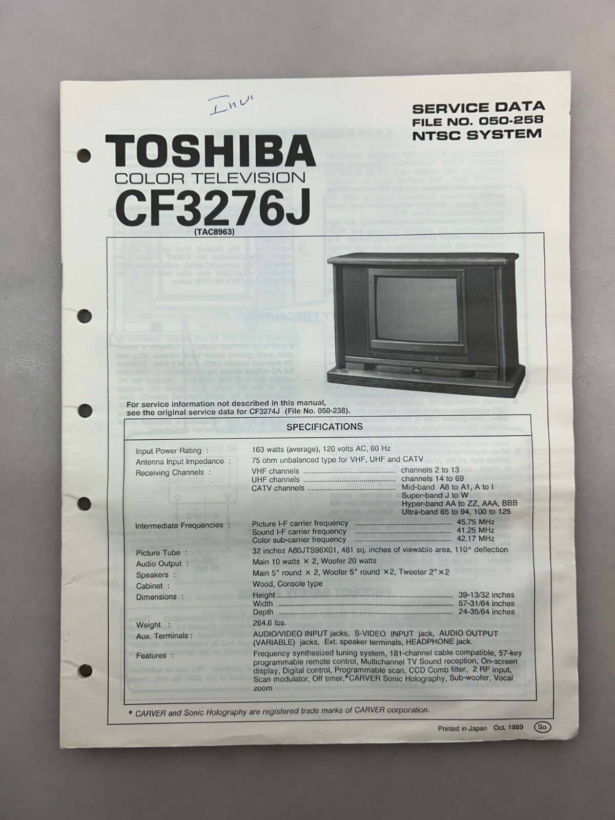 Toshiba CF3276J Original Service Manual Free Shipping
