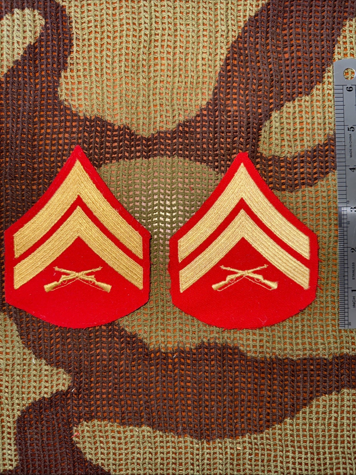 USMC CORPORAL RANK - GOLD ON RED - MERROWED, MALE SIZE- 1 PAIR Used