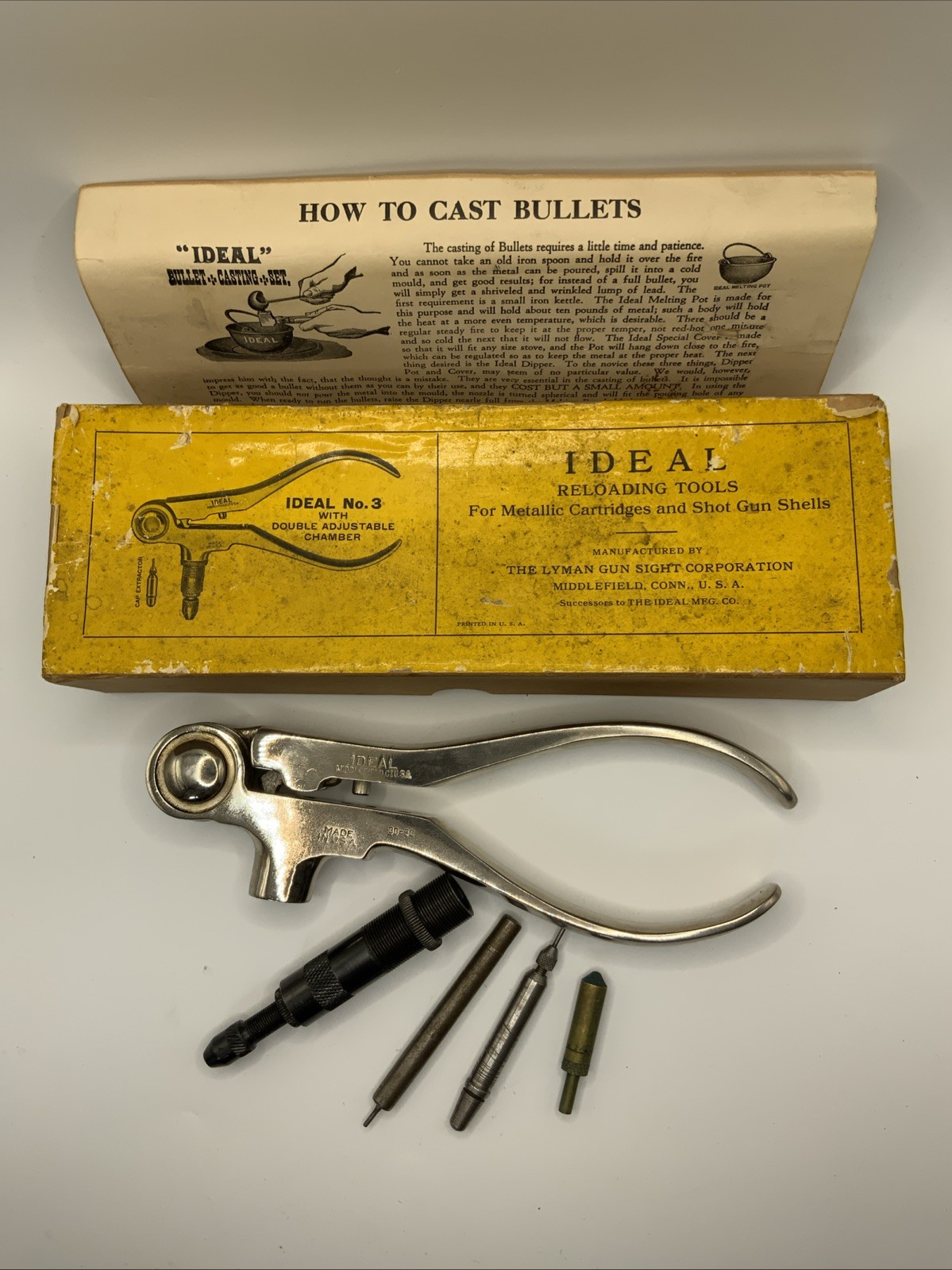 Ideal No.3 Reloading Tool Double Adj Chamber 30/30 Caliber Box and instructions