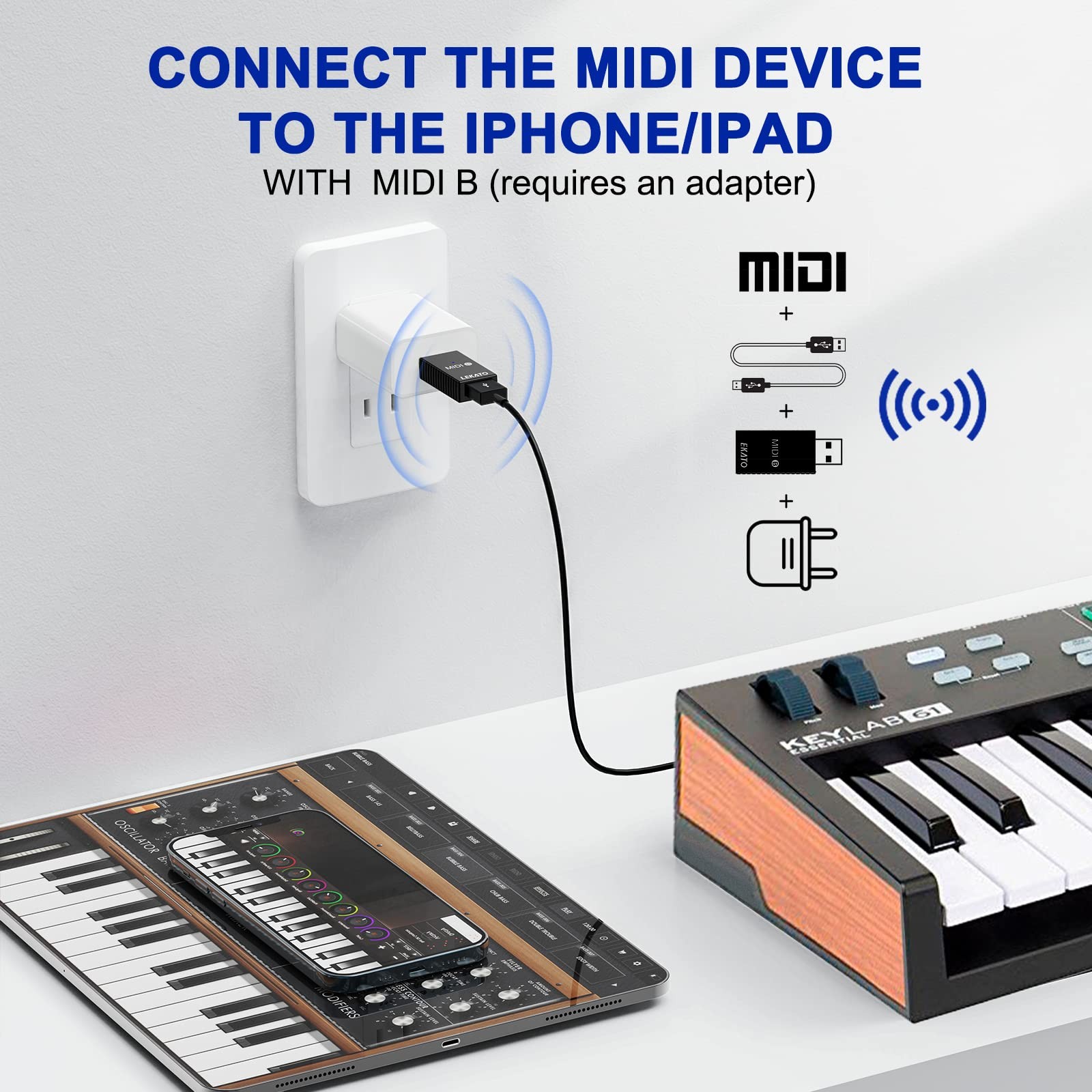 Wireless MIDI Adapter Bluetooth MIDI Adapter 5-PIN DIN with USB Low Latency R...