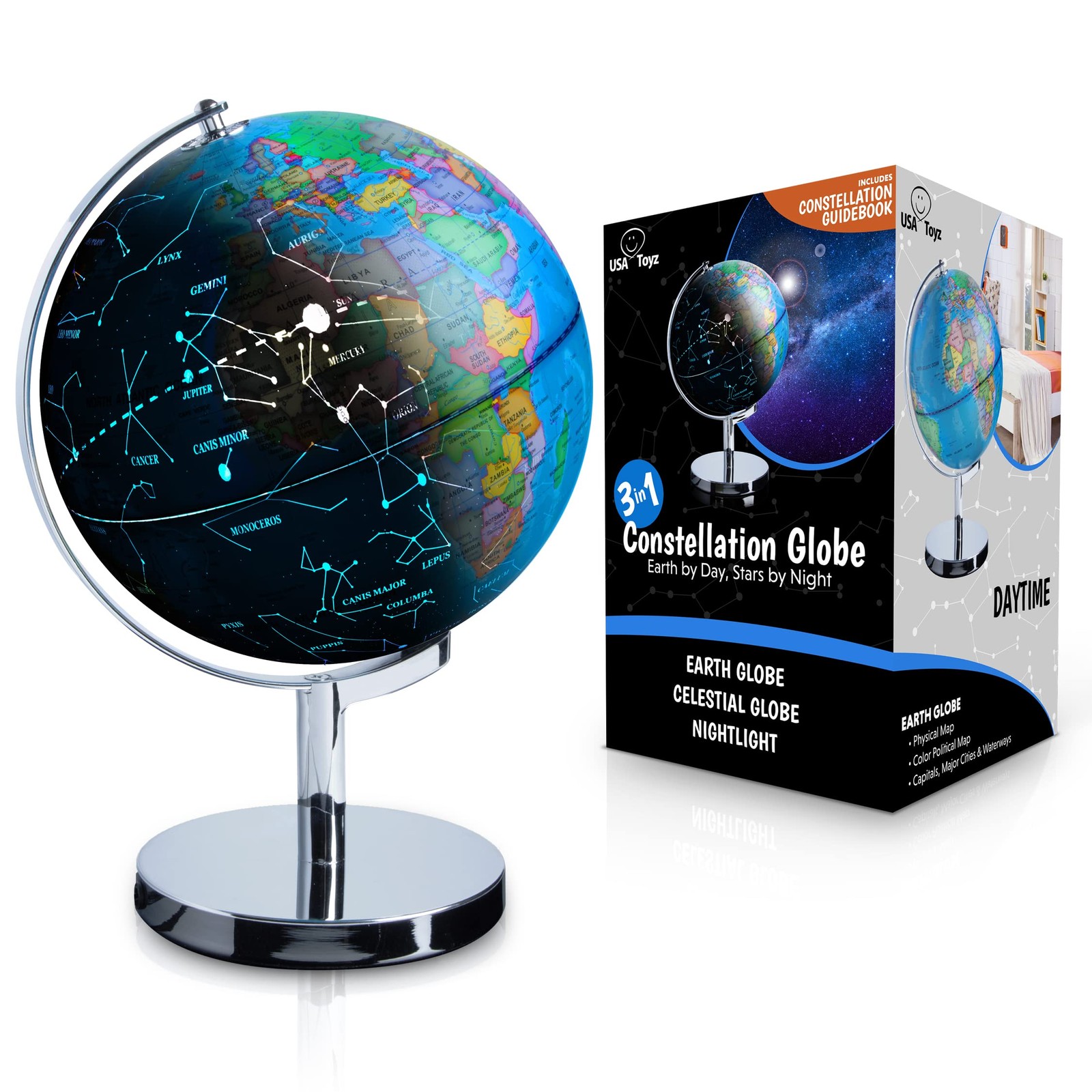 USA Toyz Illuminated World Globe with Stand - 3in1 STEM Globes for Adults and