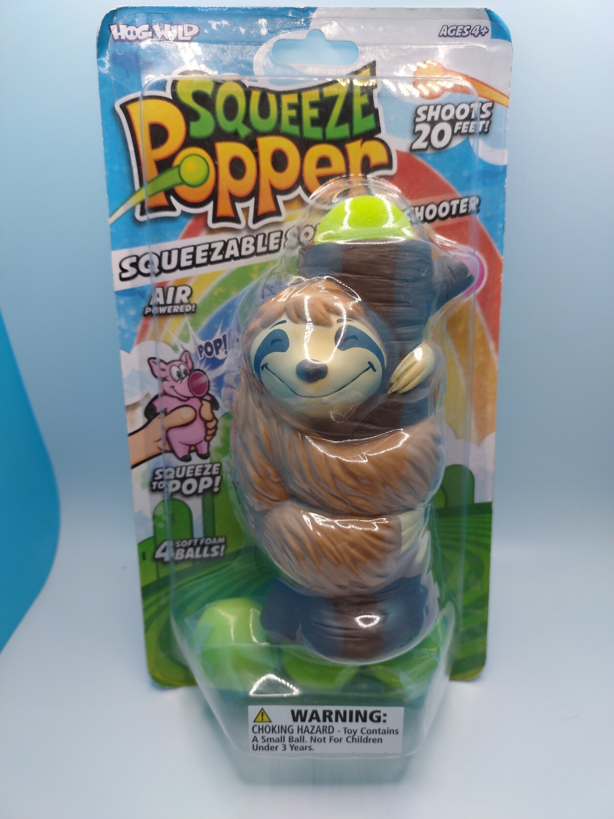 Squeeze Popper Hog Wild Sloth Foam Ball Shooter Toy with 4 Soft Foam Balls New