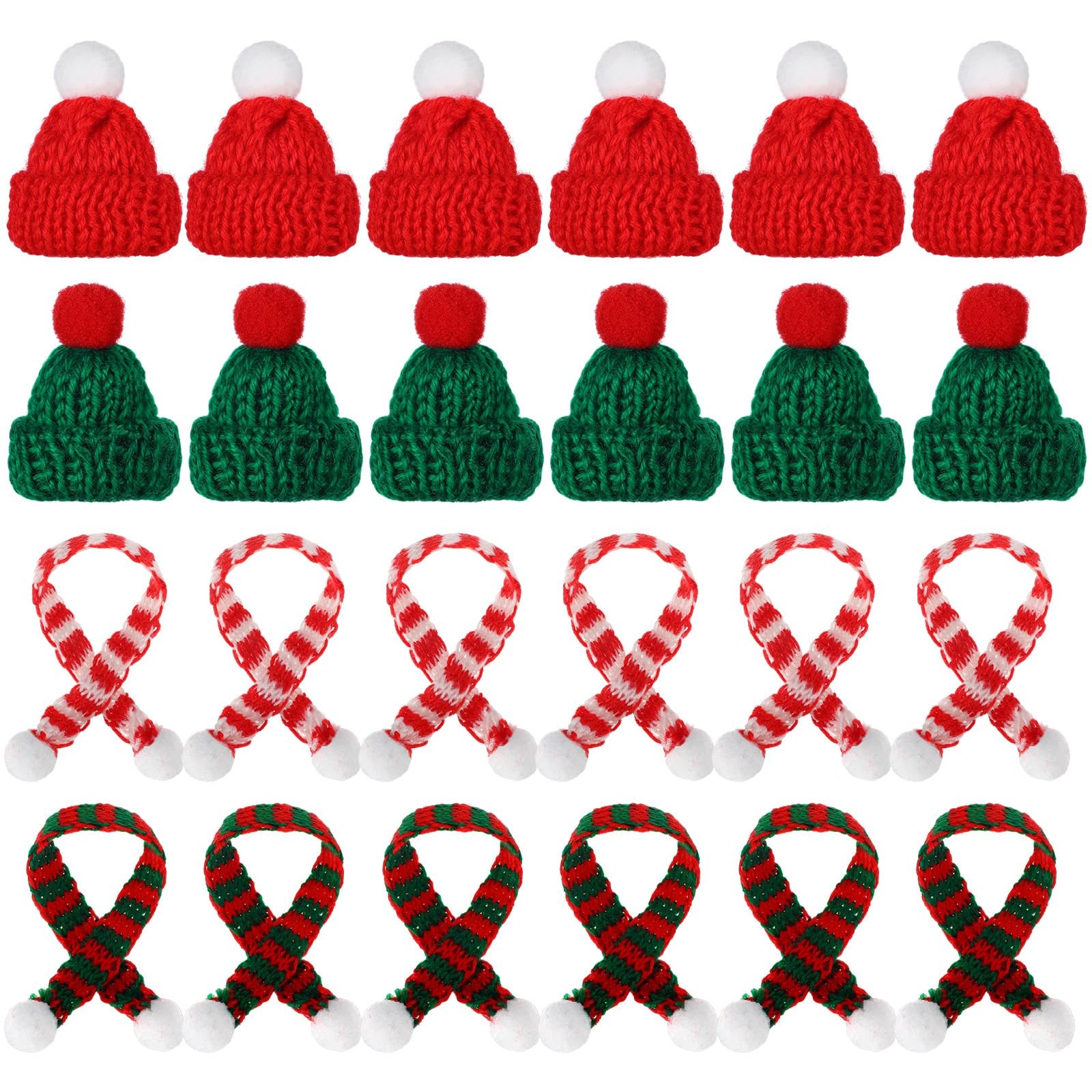24 Pcs Red Mini Knit Hat Scarf Set Tiny Santa Hats for Crafts Tree Ornaments