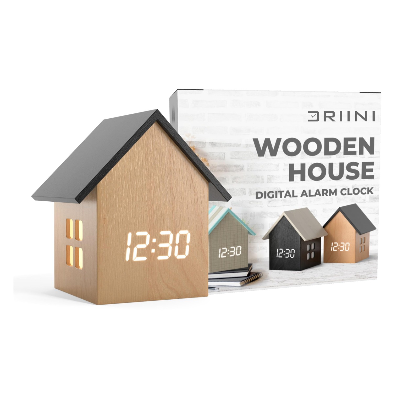 Digital House-Shaped Alarm Clock with Temperature Display (Light Wood) – Mode...