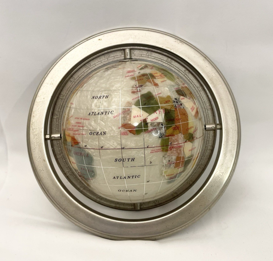 Vintage 11" Gemstone Inlay Desktop Globe Mother of Pearl & Abalone Silver