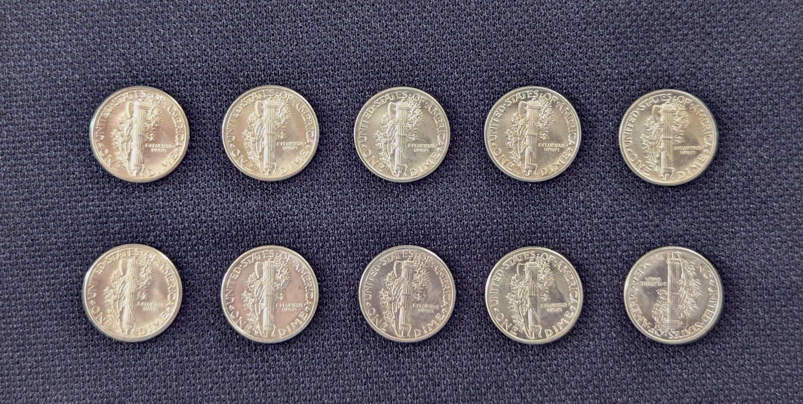 1943 Mercury Dimes – TEN FULL BAND/STRAP, 90% Silver, Nice Uncirculated examples