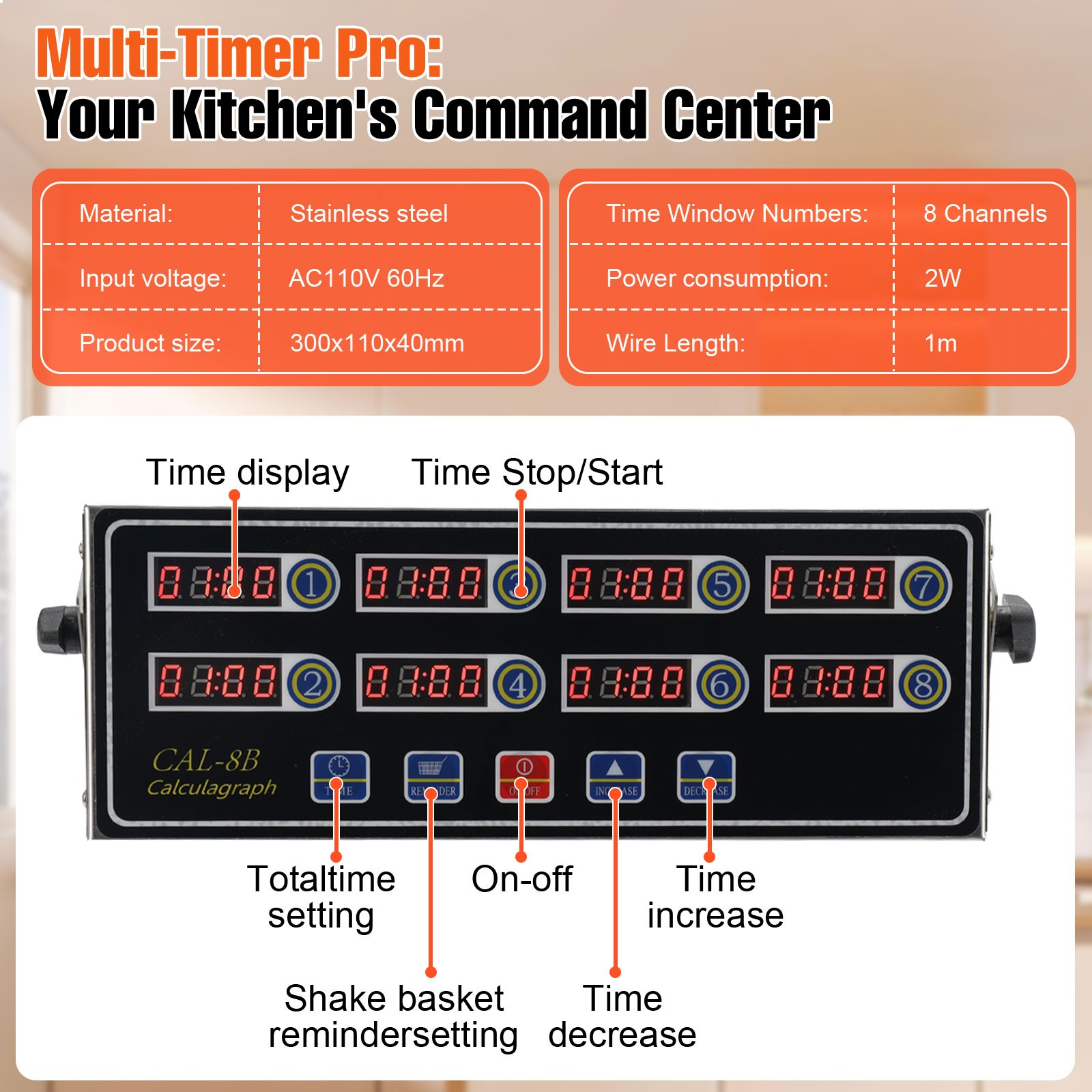 Commercial 8 Channels Digital Kitchen Timer; Stainless Steel Calculagraph Timer