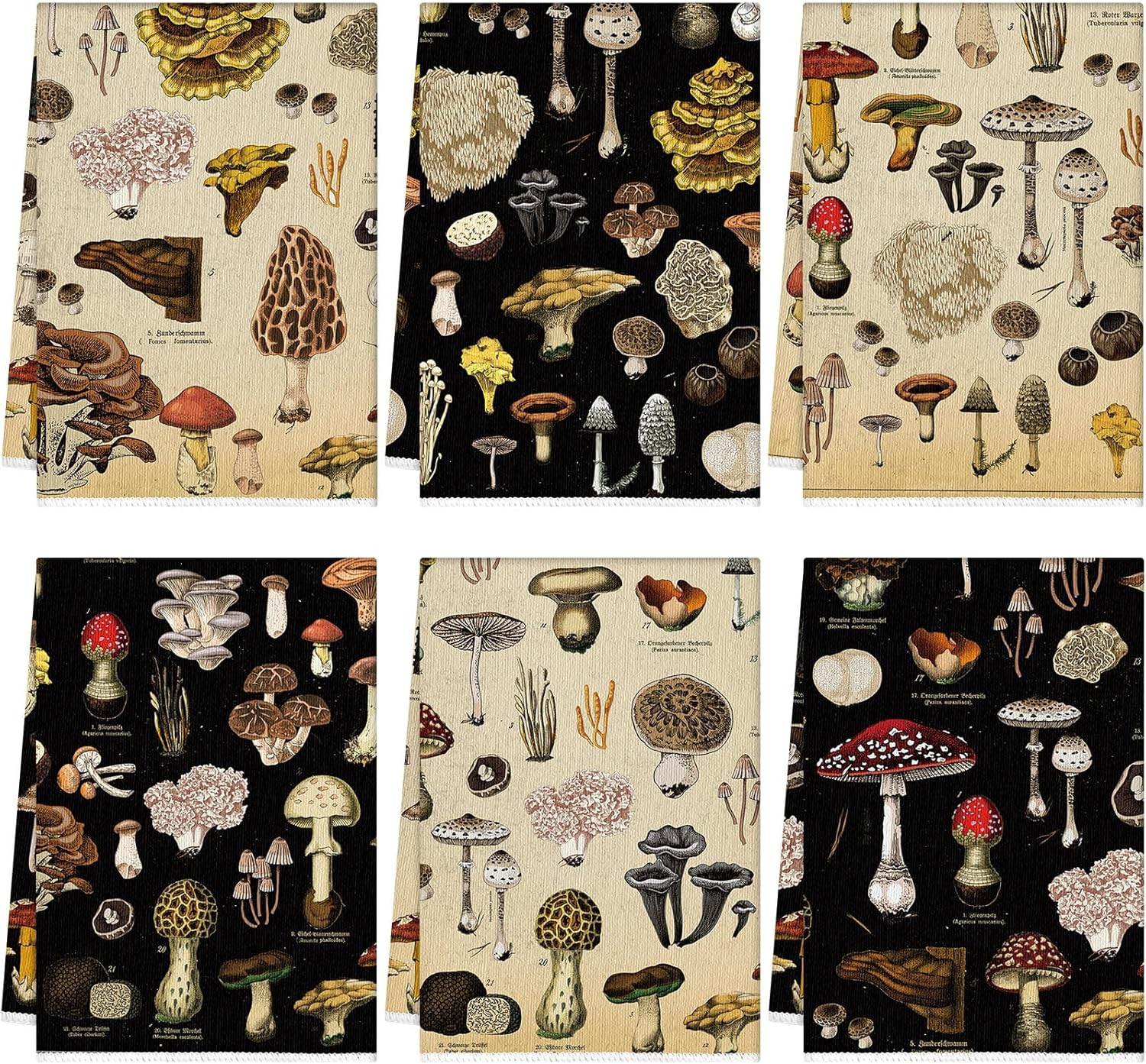 Redbaker 6 Pcs Mushroom Kitchen Towel Set Vintage Black Mushroom Dish Towel Post