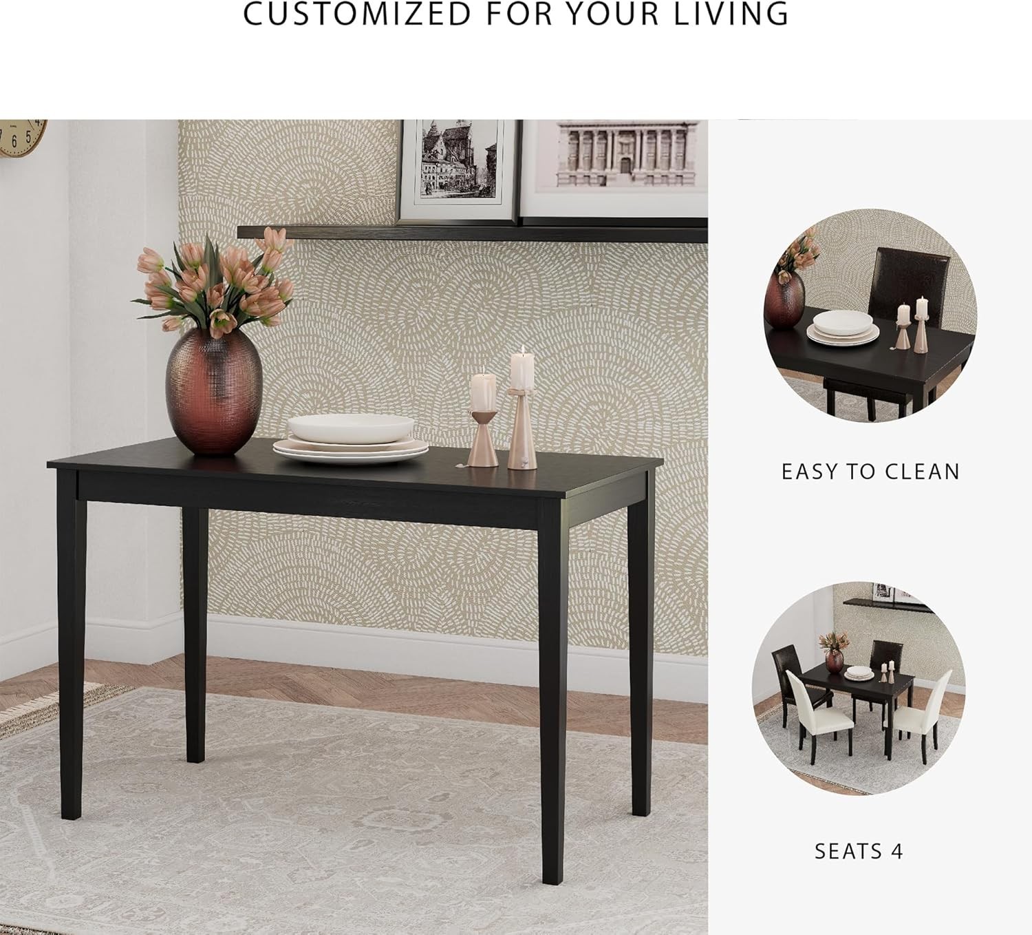 Indoor Rectangular Dining Table with Assembly Tools Included, No Tools Needed