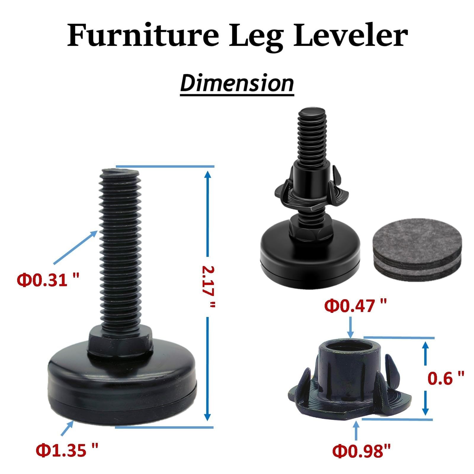 Adjustable Leveling Feet, 4 Pack, 3/8'-16 UNC Threaded Heavy Duty Leg Leveler
