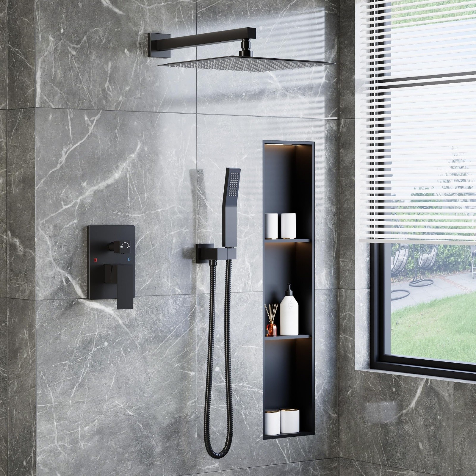 12 Inch Rain Shower Head System 2-Function Wall Mounted Shower Faucet w/Handheld