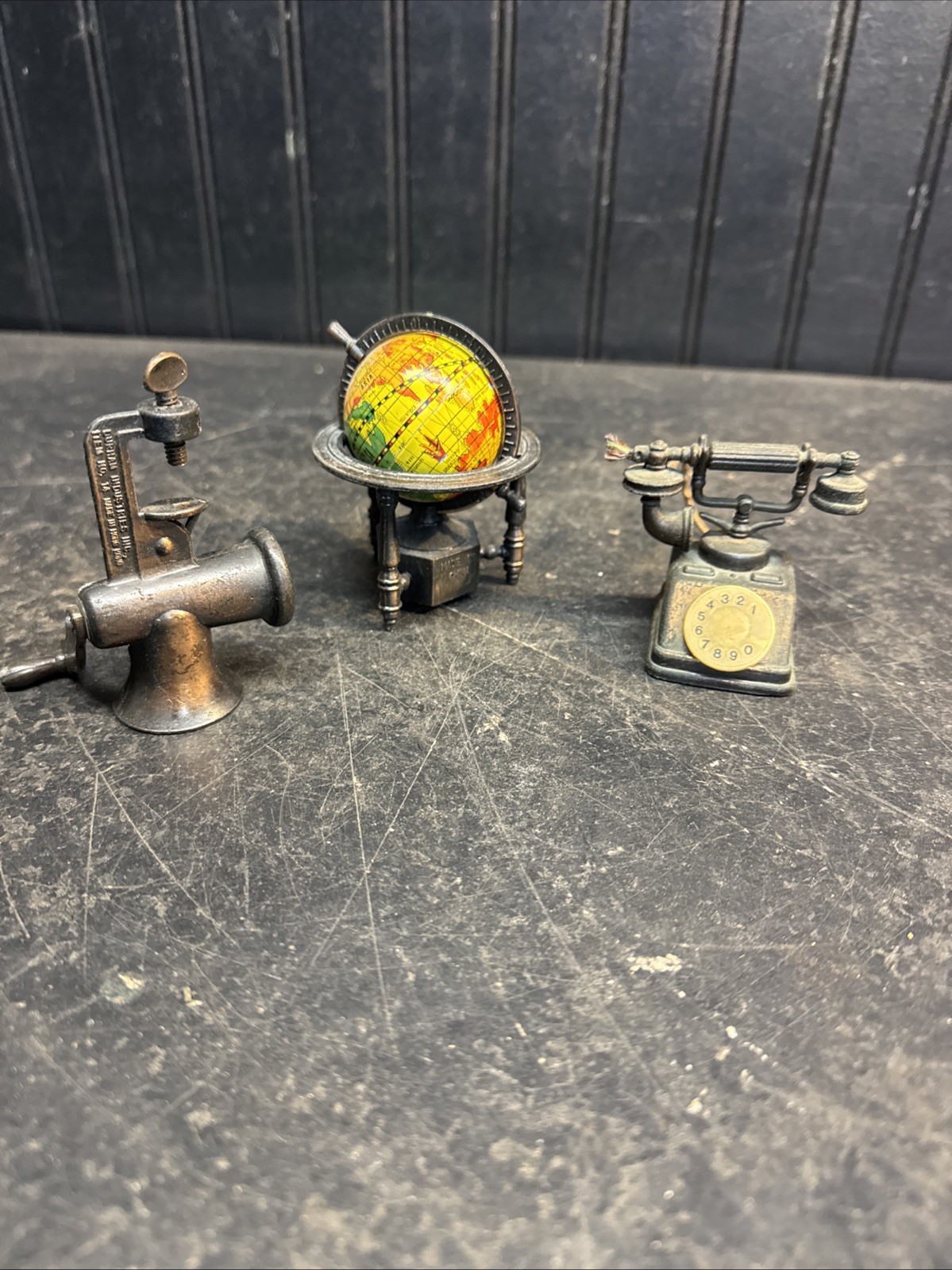 Lot of 3pc Vtg Die Cast - Mini  Telephone, Globe, Food Grinder Pencil Sharpeners