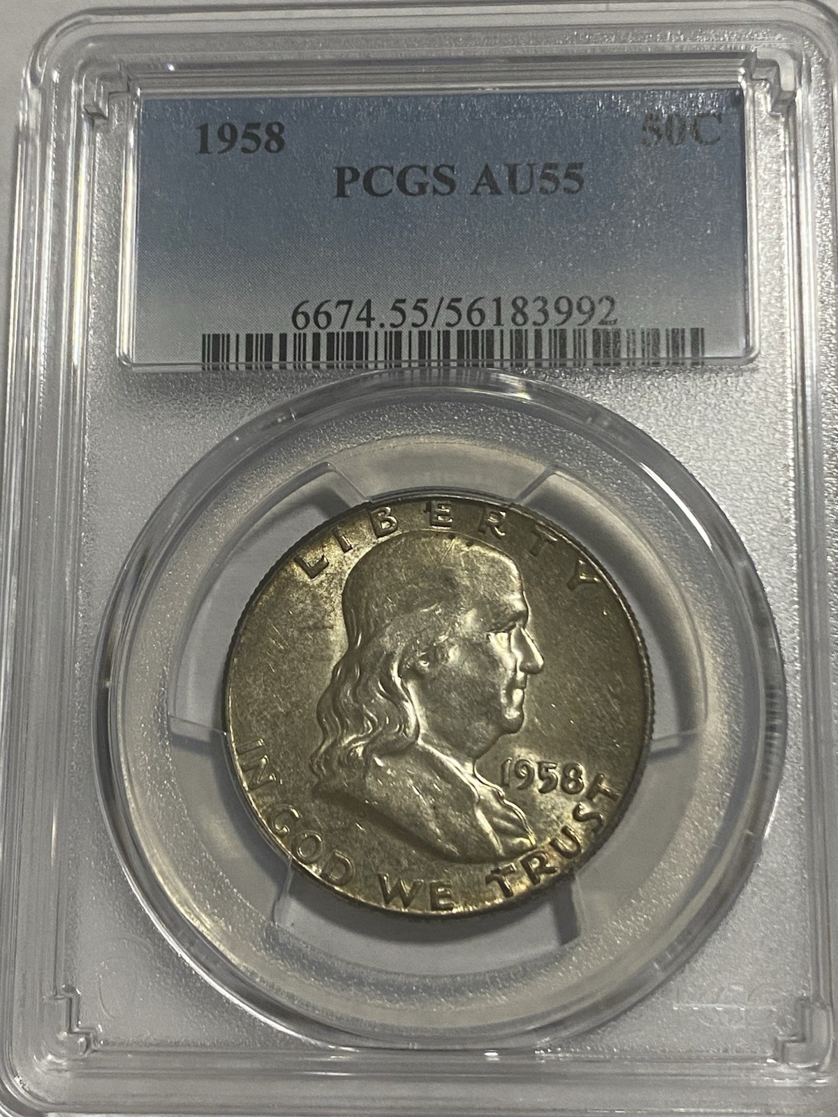 1958 FRANKLIN HALF DOLLAR PCGS AU55 SILVER UNCIRCULATED OBVERSE REVERSE TONING!