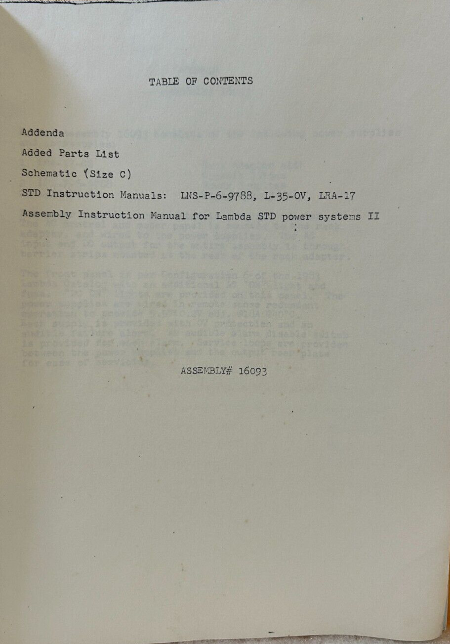 Lambda Electronics Assembly #16093 Regulated Power Supplies Instruction Manual.