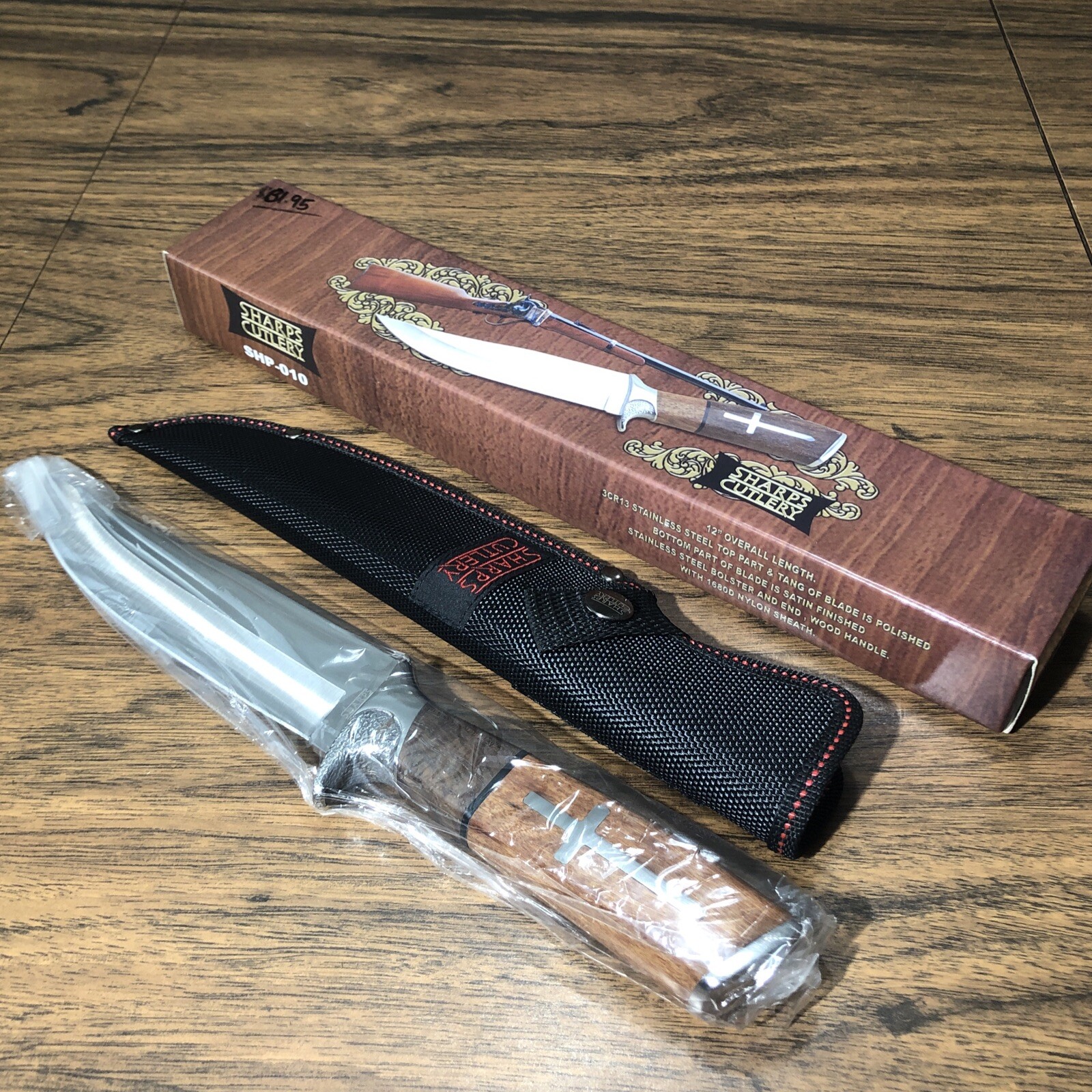 12.5” SHARPS CUTLERY Knife Cross/Sword Inlaid HANDLE 3CR13 STAINLESS BLADE