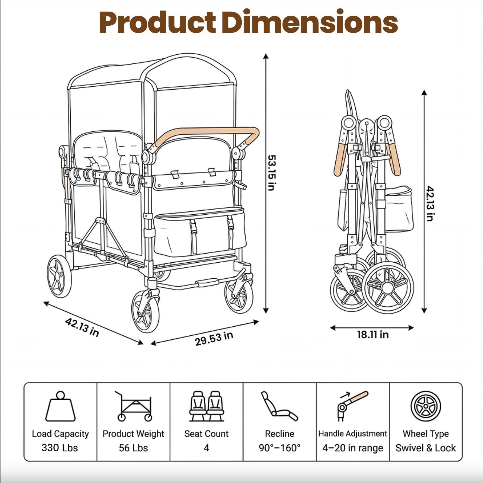 Wagon Stroller 4 Kids Push Pull Quad Collapsible Stroller 330LB Parent Organizer