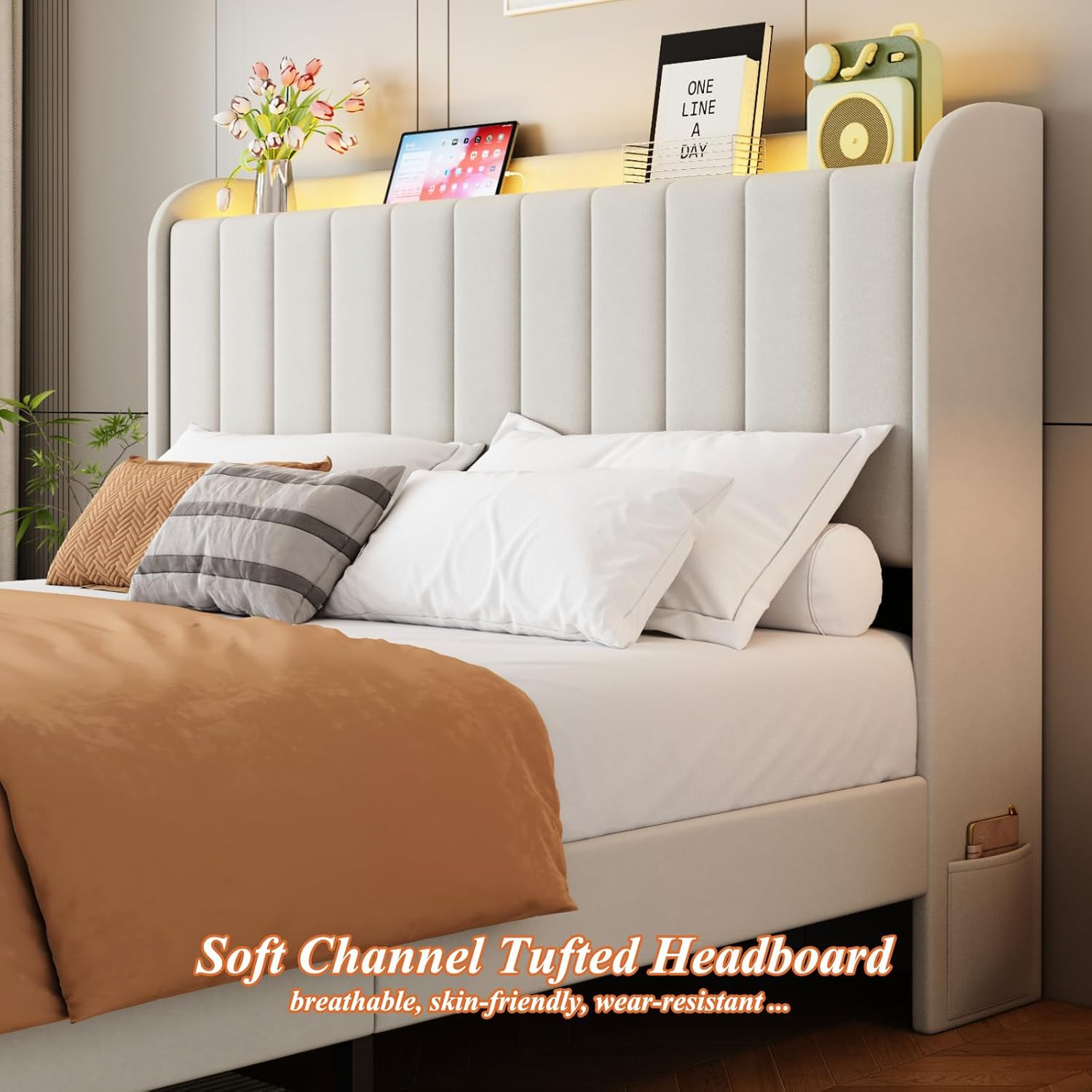 Full Size Bed Frames with Storage Headboard and 2 Drawers, Upholstered Platform