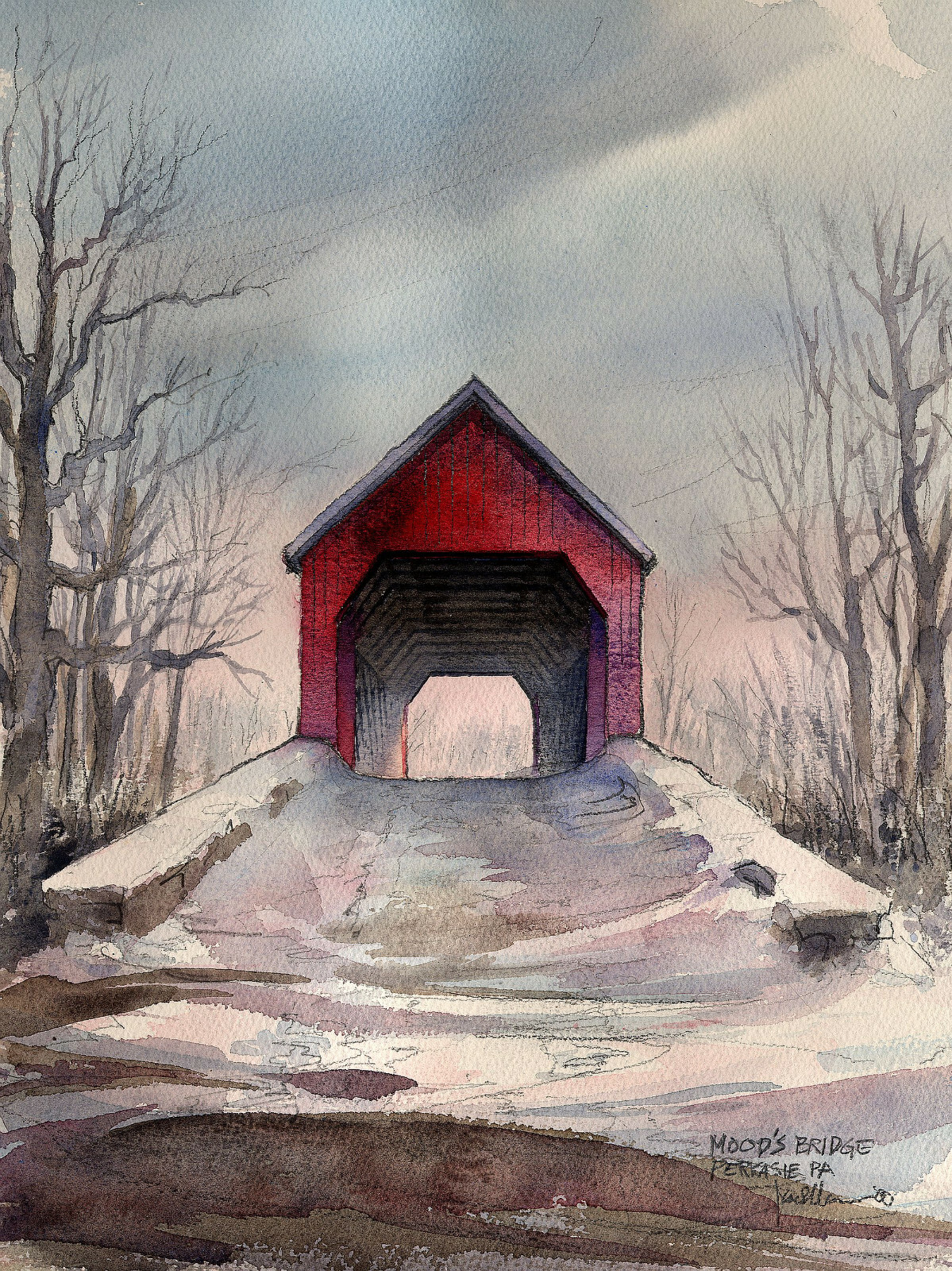 Mood's Covered Bridge, Perkasie PA. Sunset Snow. James Mann Watercolor Notecards