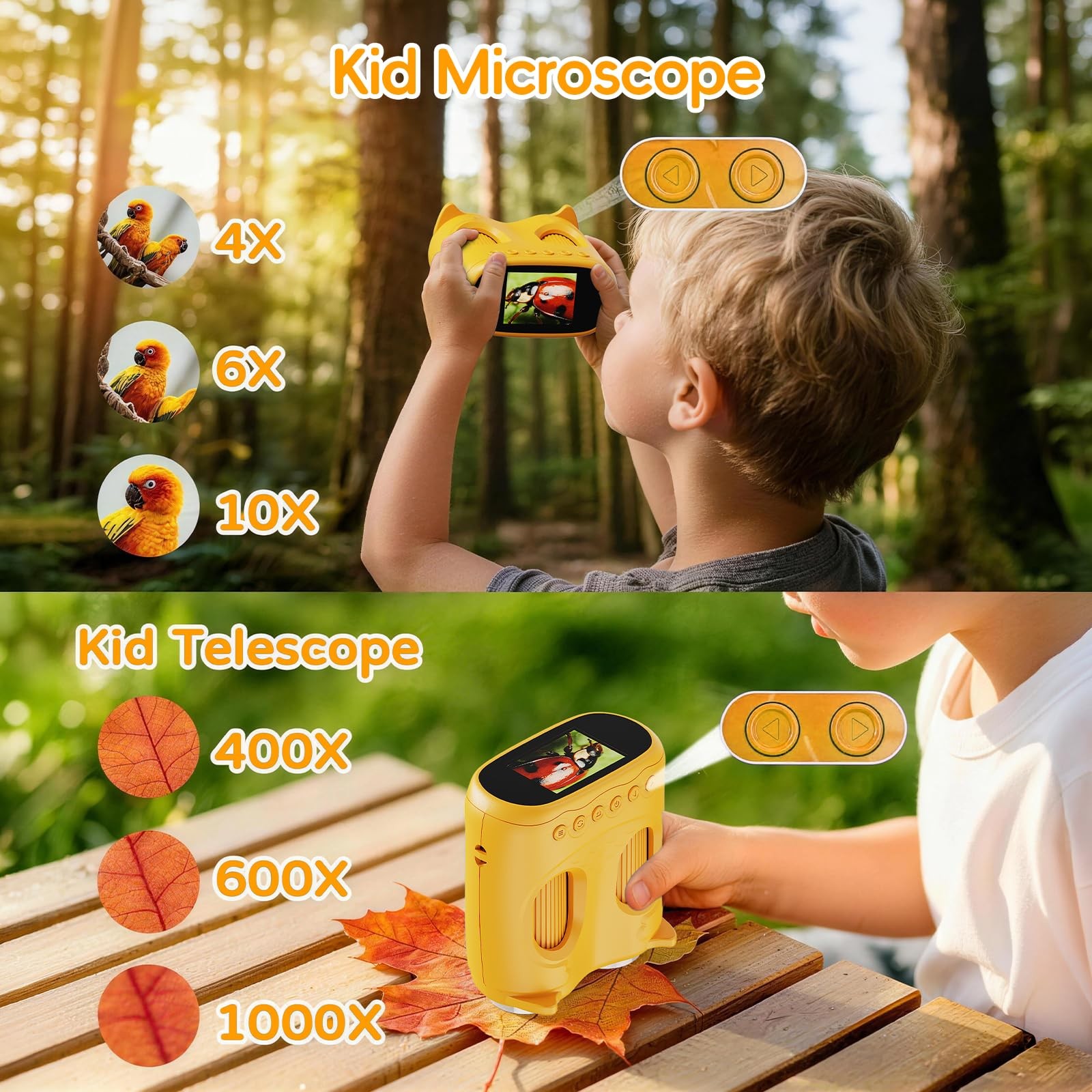 2-in-1 Kids Microscope & Telescope, 1000X, 2" IPS(Yellow)