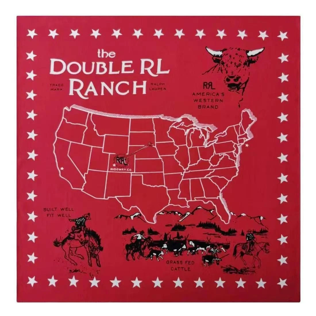 Bandana Double RL Southwest Red Cotton Cowboy Western Hanky Vtg Print design