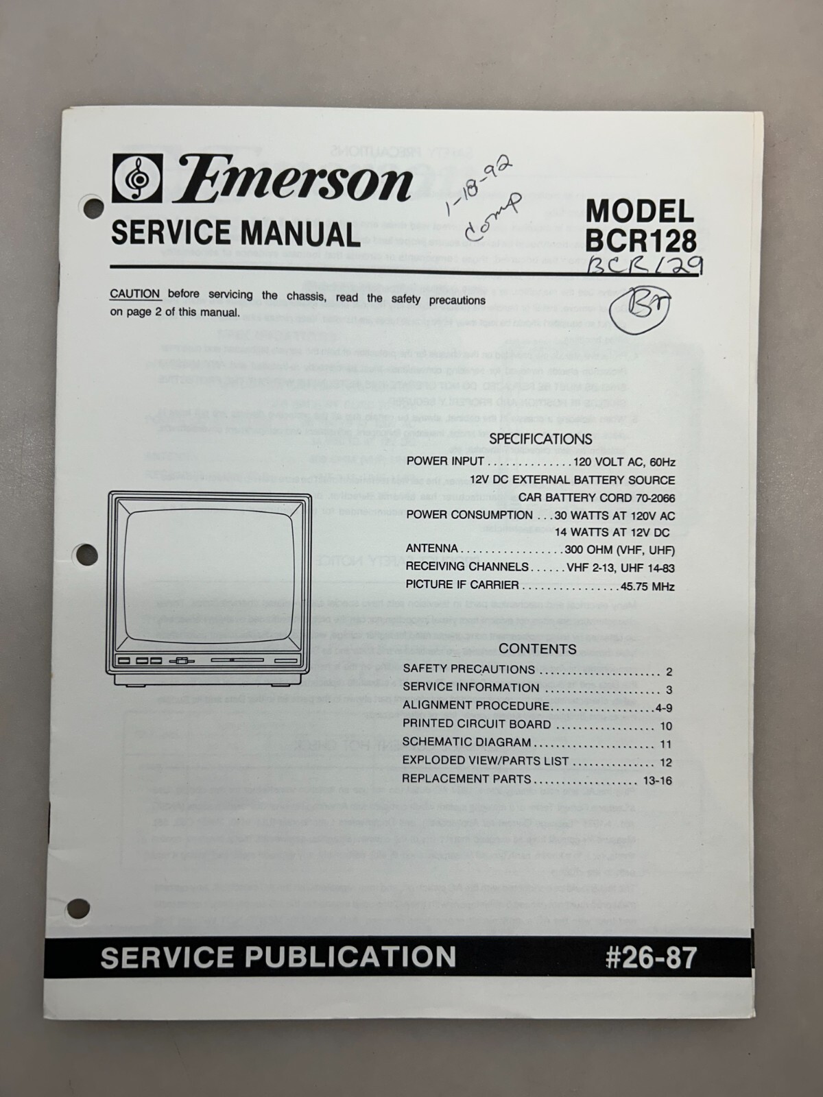 Emerson BCR128 Original Service Manual Free Shipping