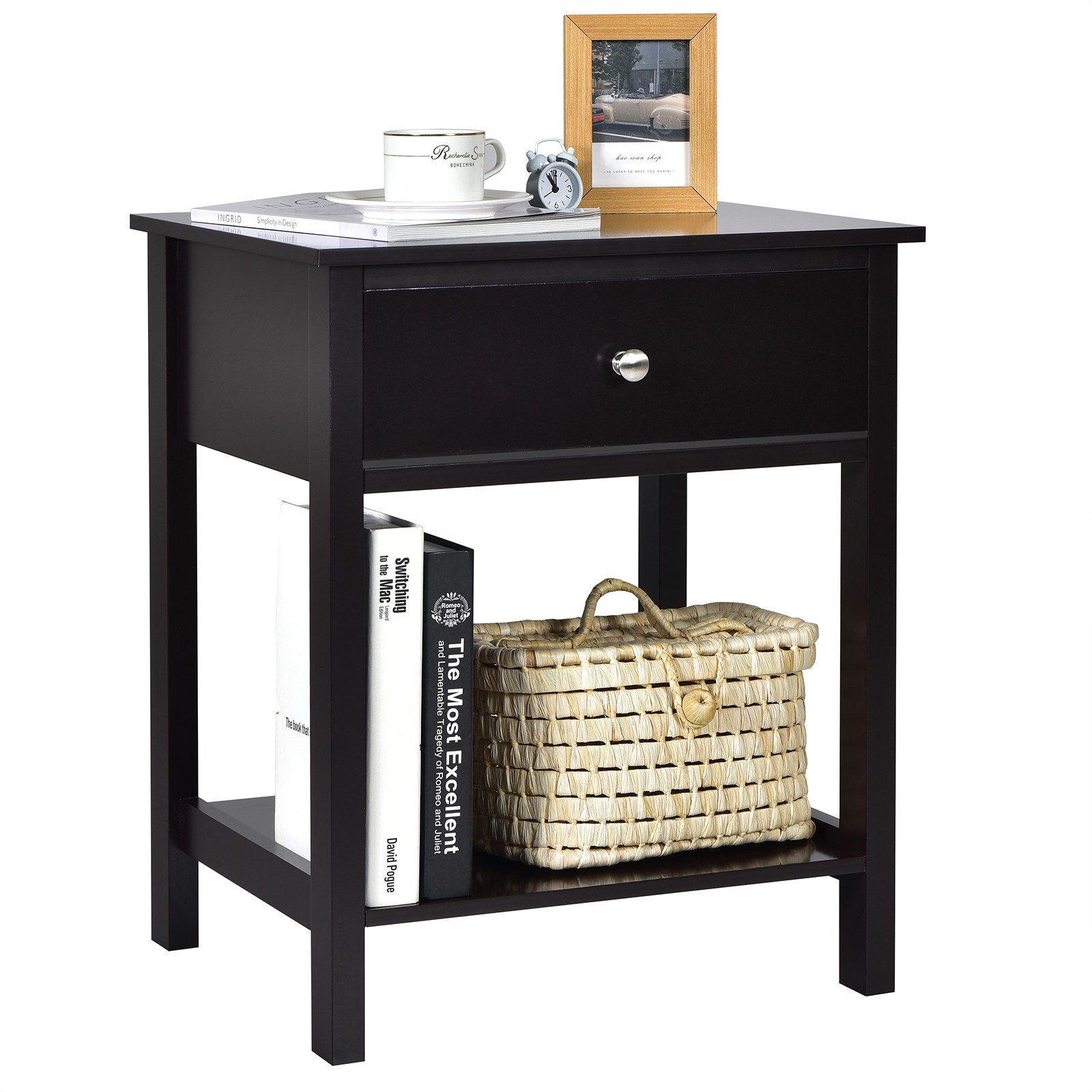Nightstand Wooden Bedside Sofa Side Table w/Drawer Storage Shelf Black