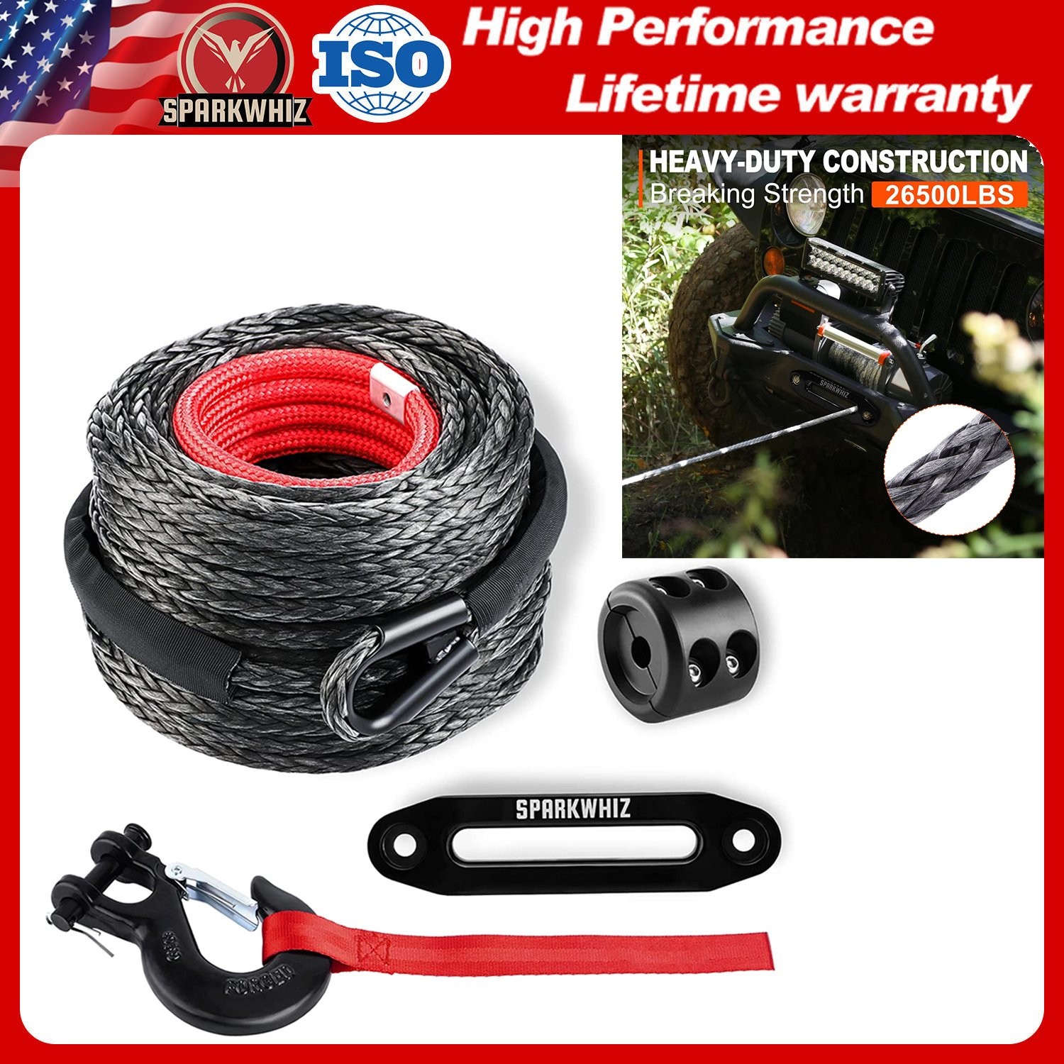 26500LBS 3/8"x100ft Synthetic Winch Rope Winch Line Cable w/Winch Hook For Truck