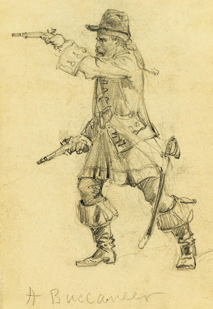 Pirate Aiming Pistol. New notecards of 19c drawing by noted US Civil War artist.