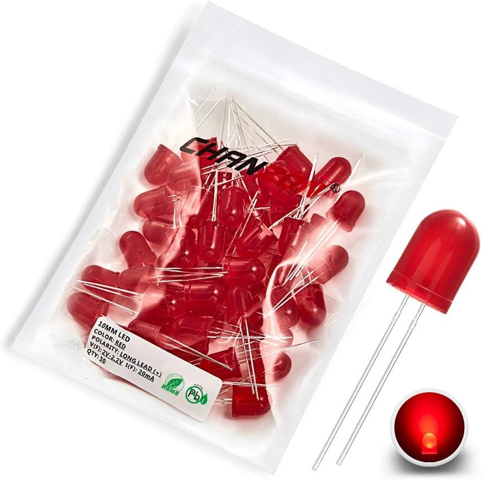 50 pcs 10mm Red Diffused LED Diode Lights (DC 2V 20mA) | (Colored Lens Round)...