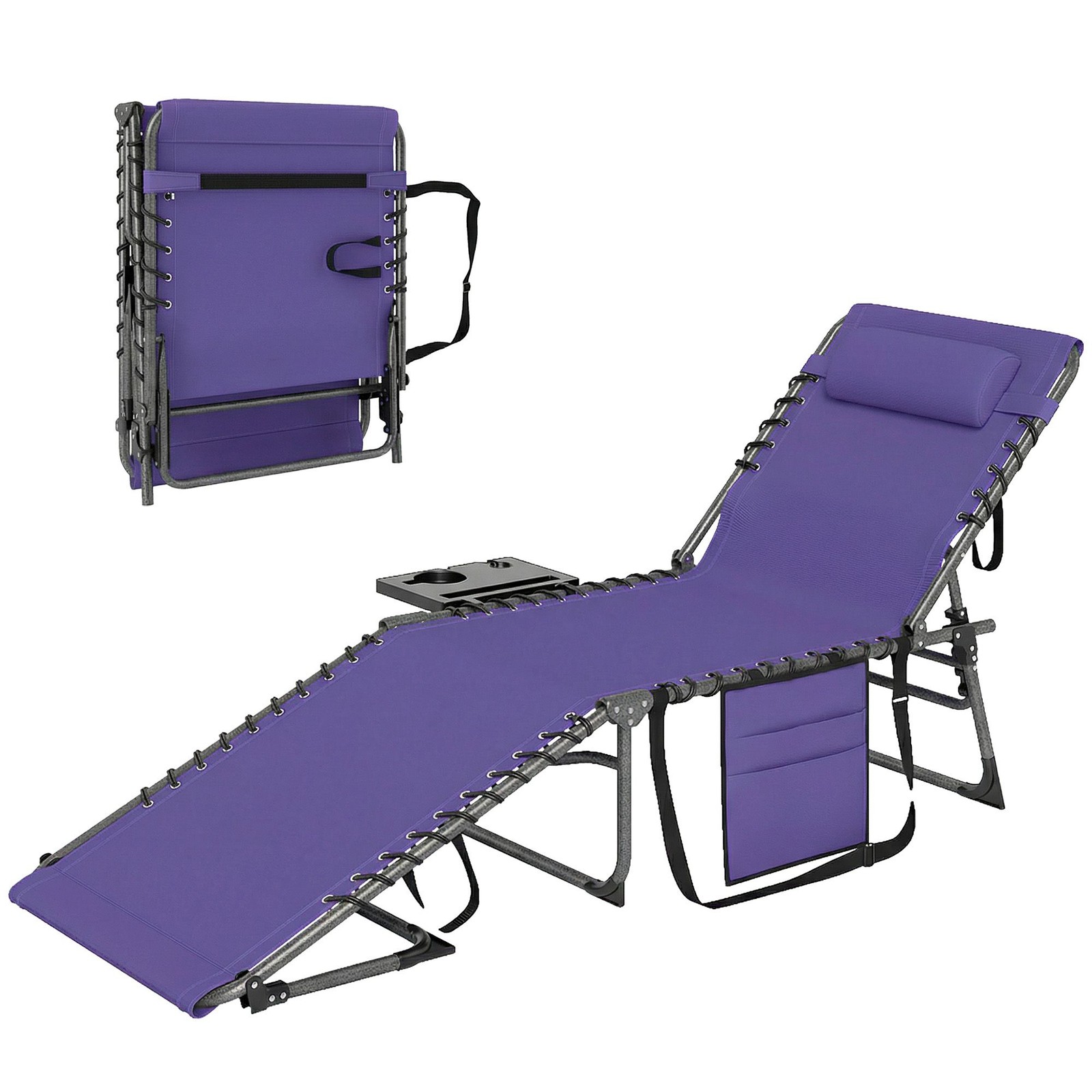 Folding Reclining Lounger Chair Outdoor Patio w/ Pillow Purple