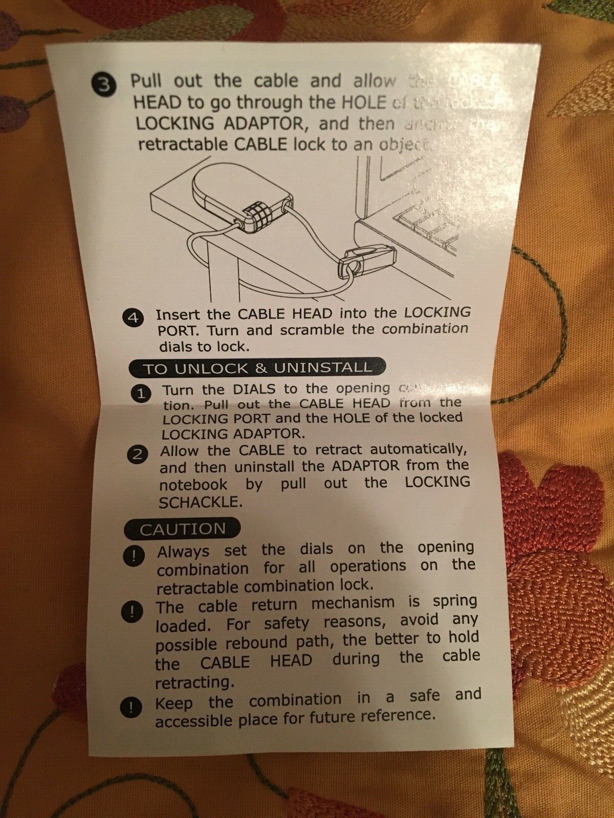 Laptop Cable Lock,New in box; 3-digit dial combination with retractible cable