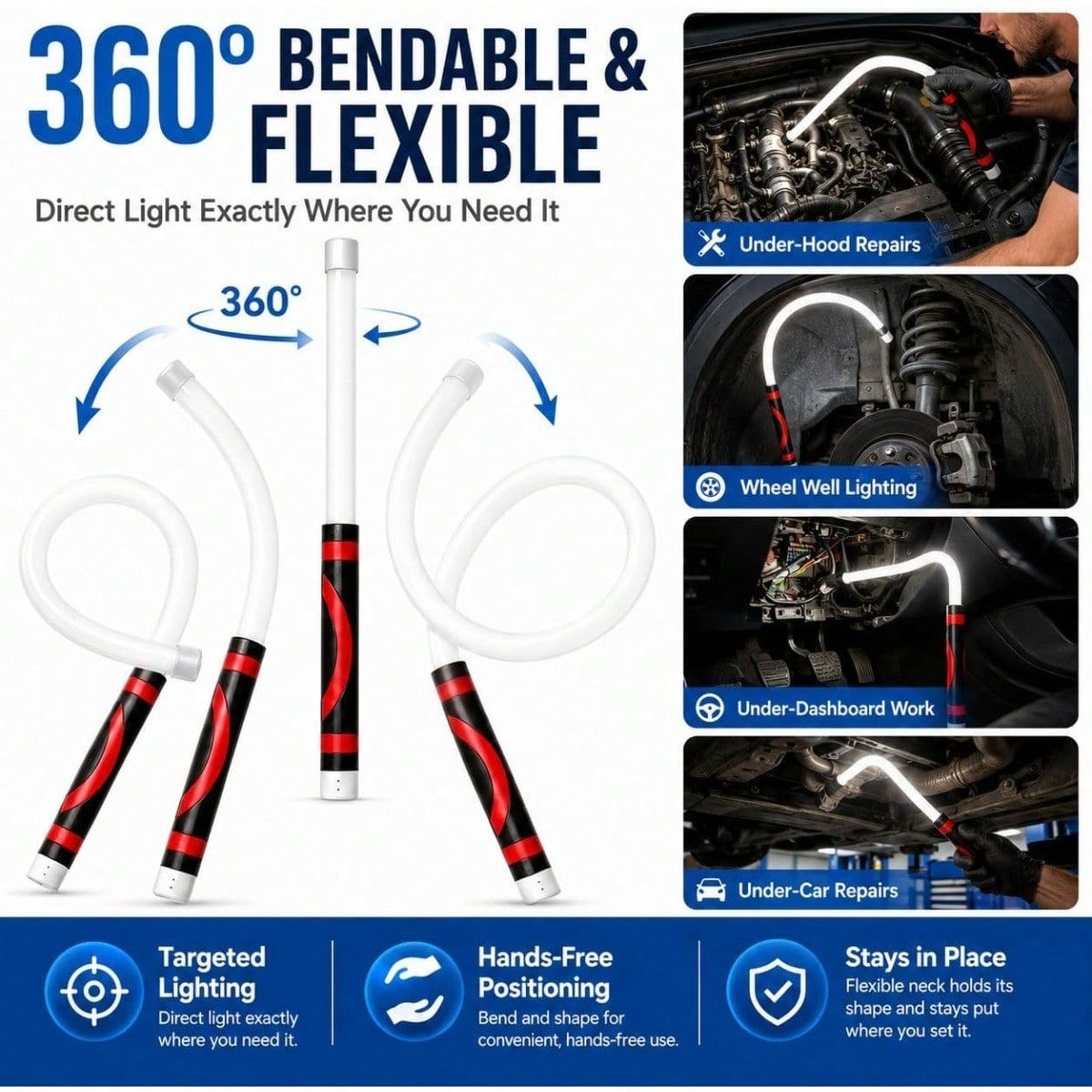 30" Bendable Mechanic Work Light Flexible LED Flashlight Stick for Car Repair