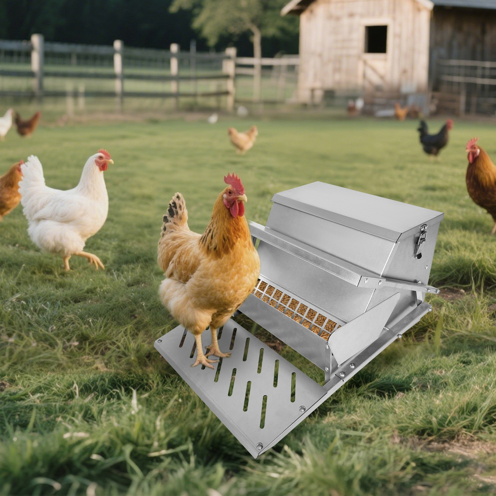 Galvanized Steel Automatic Chicken Feeder Weatherproof 20lb Feed Container