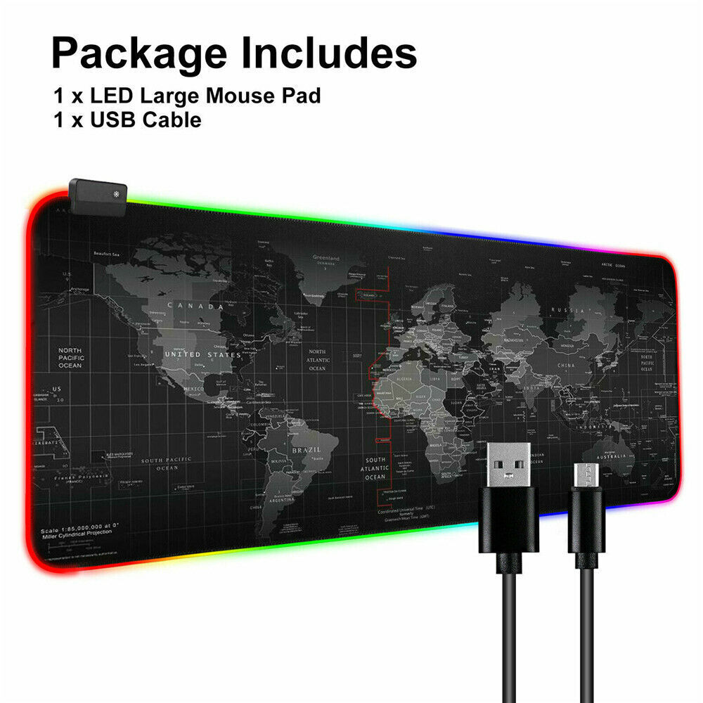 World Map RGB LED Extra Large Soft Gaming Mouse Pad Oversized Glowing 31 x 15''