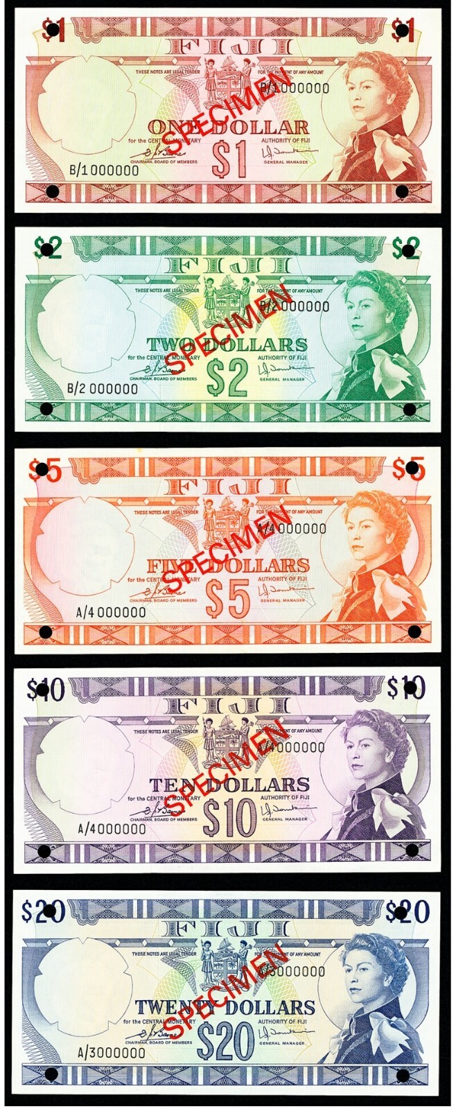 Fiji 1 2 5 10 20 Dollars ND(1974) P71bs P72cs P73cs P74cs P75cs AUNC / Specimen