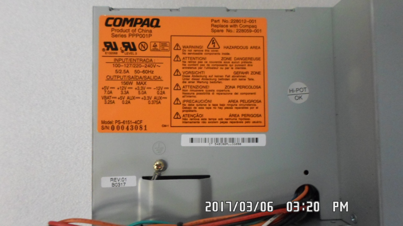 HP/Compaq 228059-001 228012-001 PS-6151-4CF REV: 01 156W Power Supply