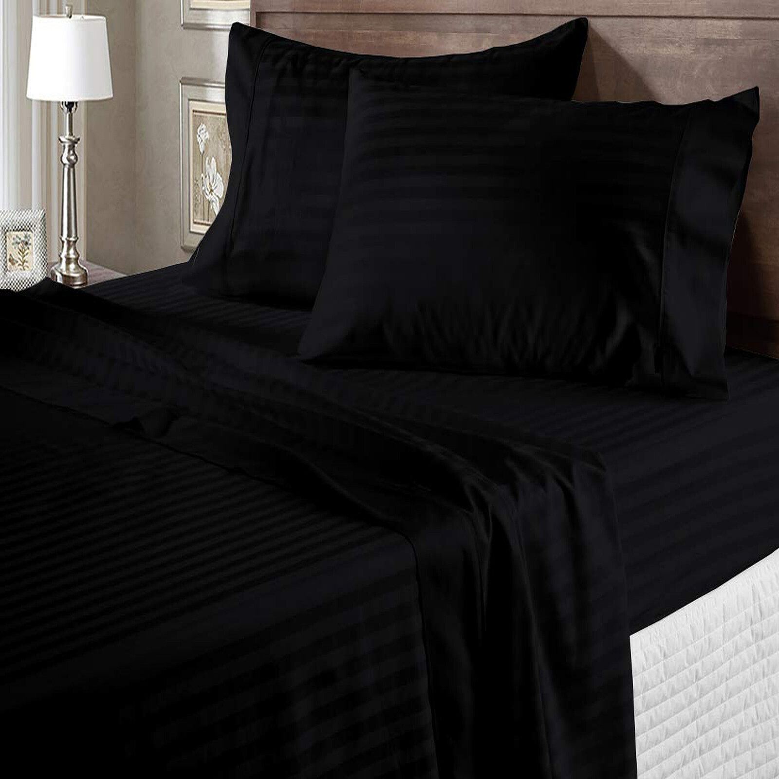 Extra Deep Pocket 6 PCs Sheet Set 1200 Count 100% Cotton Black Stripe