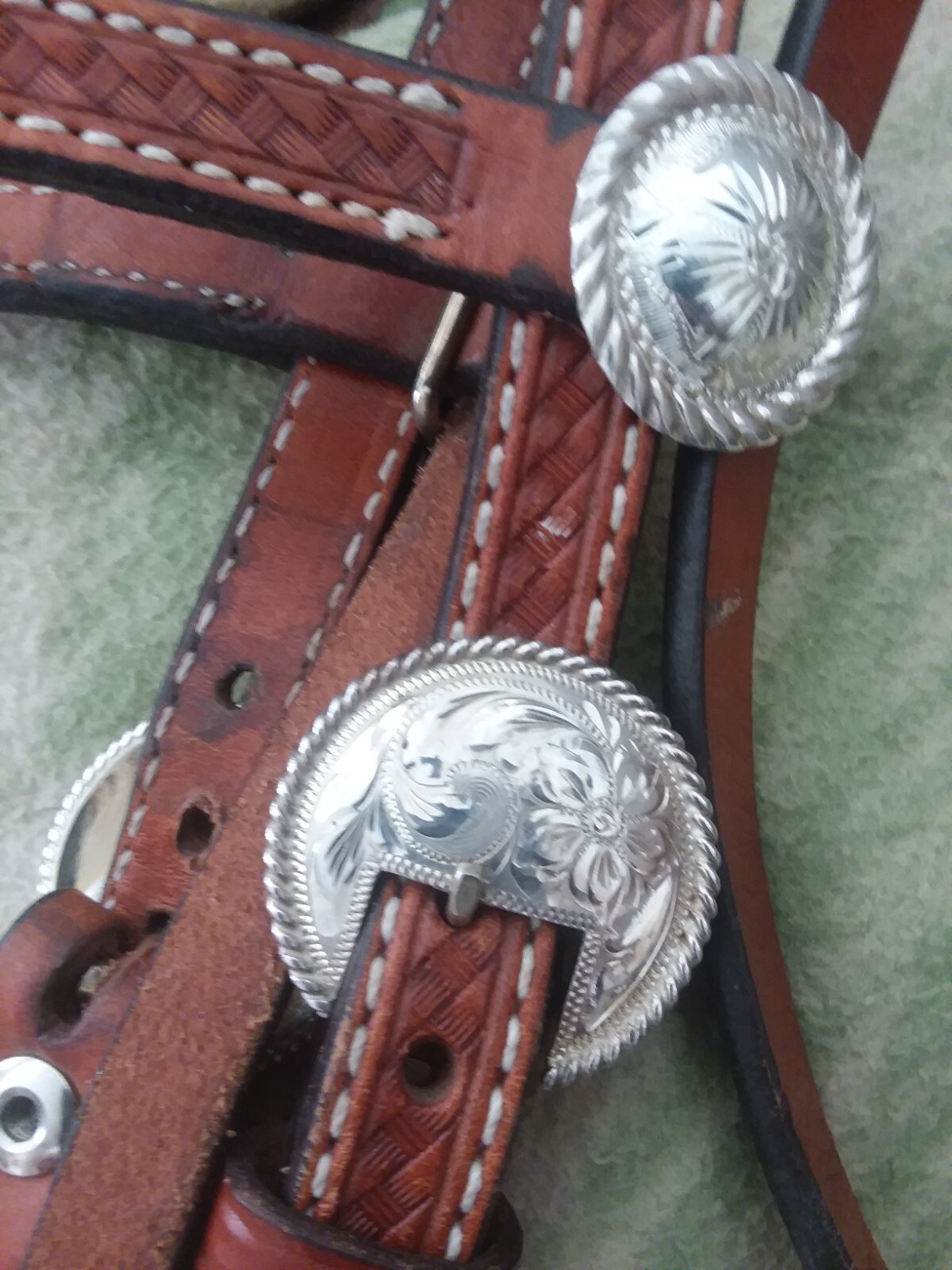 Tooled medium oil headstall with sterling buckles and Fleming conchos (no bit)
